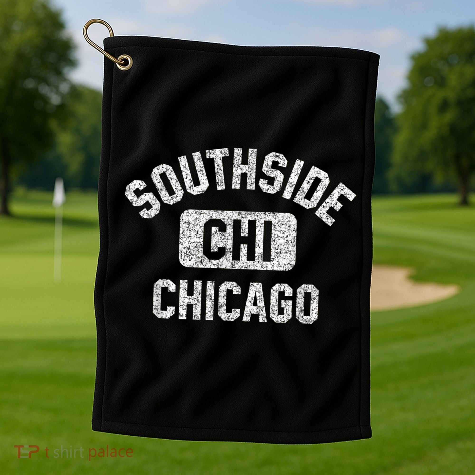 Southside Chicago CHI Gym Style Distressed White Print Golf Towel