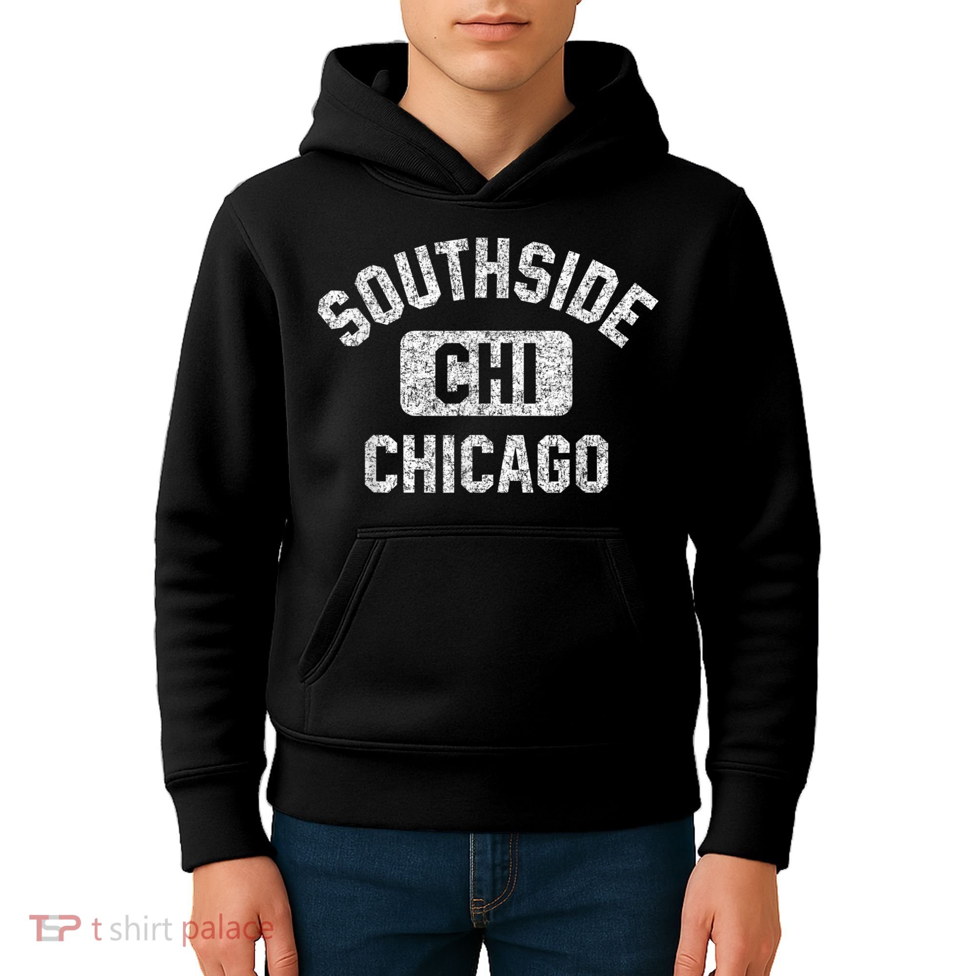 Southside Chicago CHI Gym Style Distressed White Print Kids Hoodie