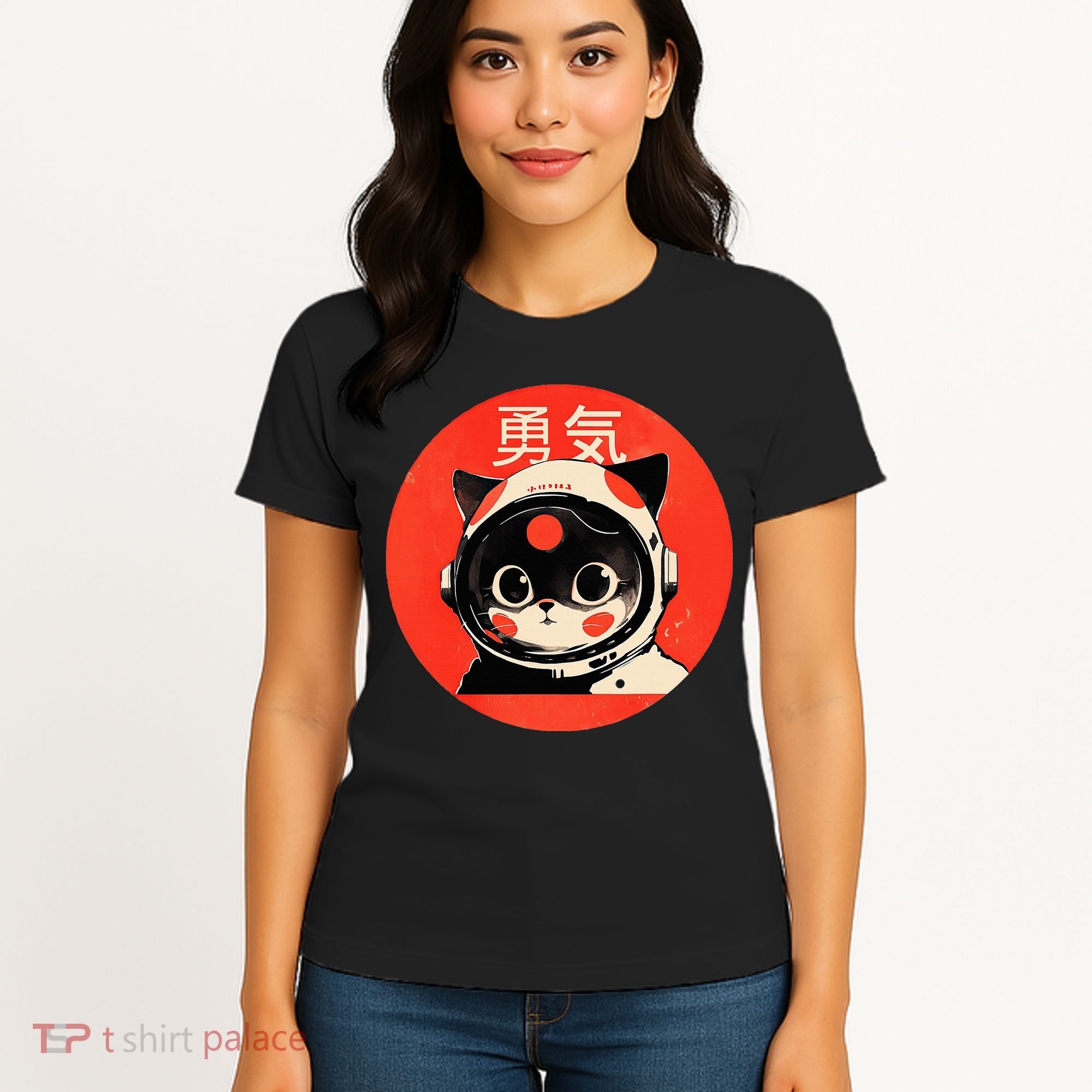 Space Cat Courage Japanese Retro Kawaii Cute Astronaut Cat Women's T-Shirt
