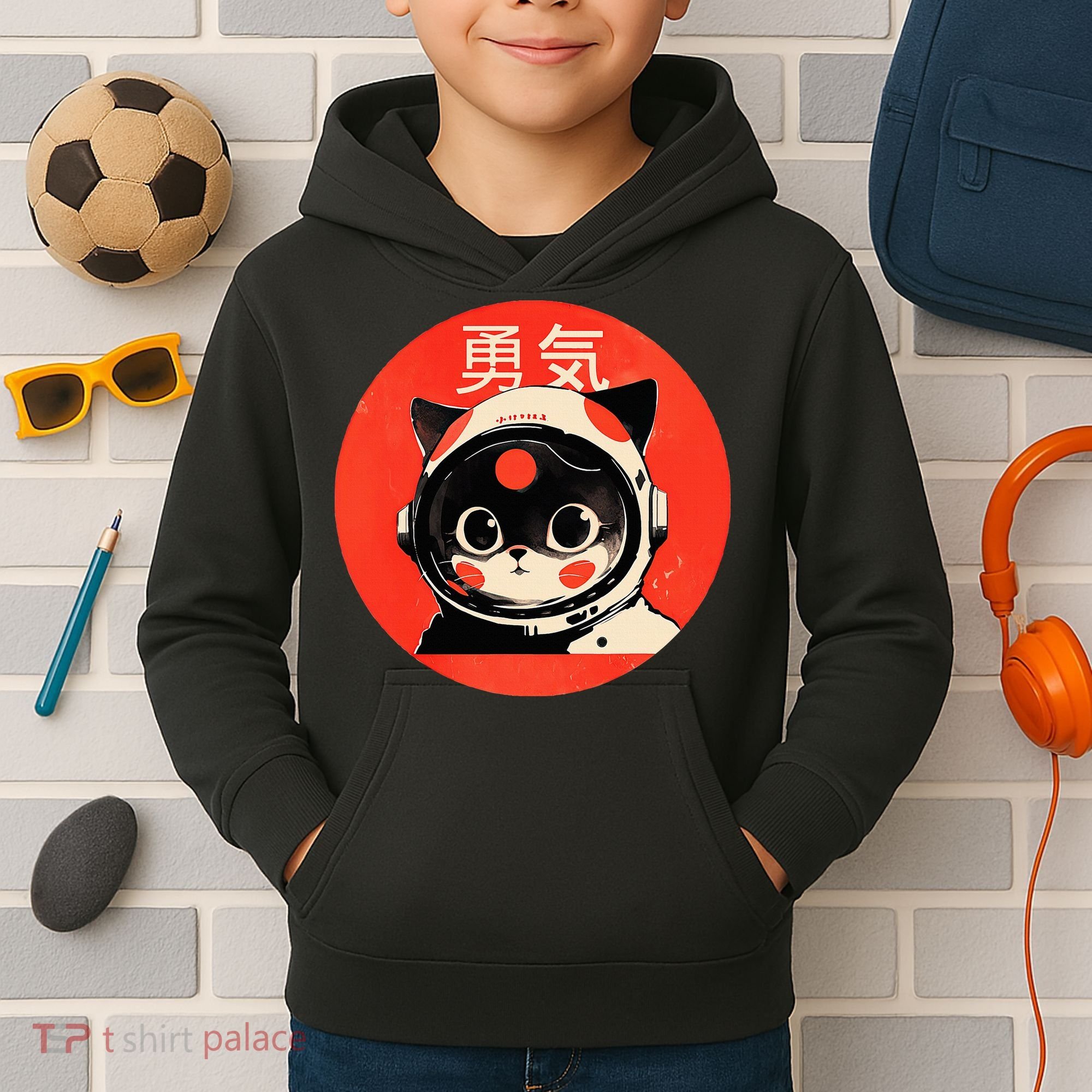 Space Cat Courage Japanese Retro Kawaii Cute Astronaut Cat Kids Hoodie
