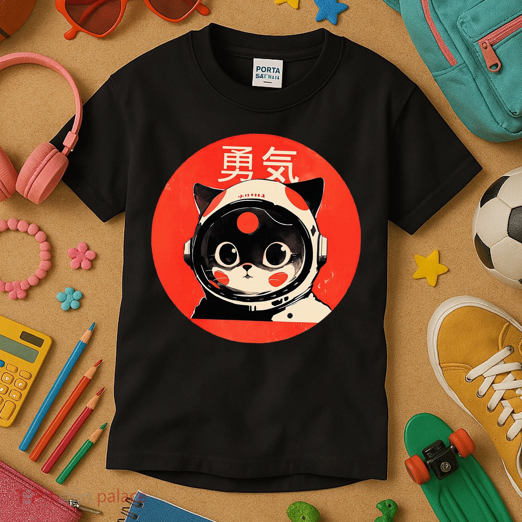 Space Cat Courage Japanese Retro Kawaii Cute Astronaut Cat Kids T-Shirt