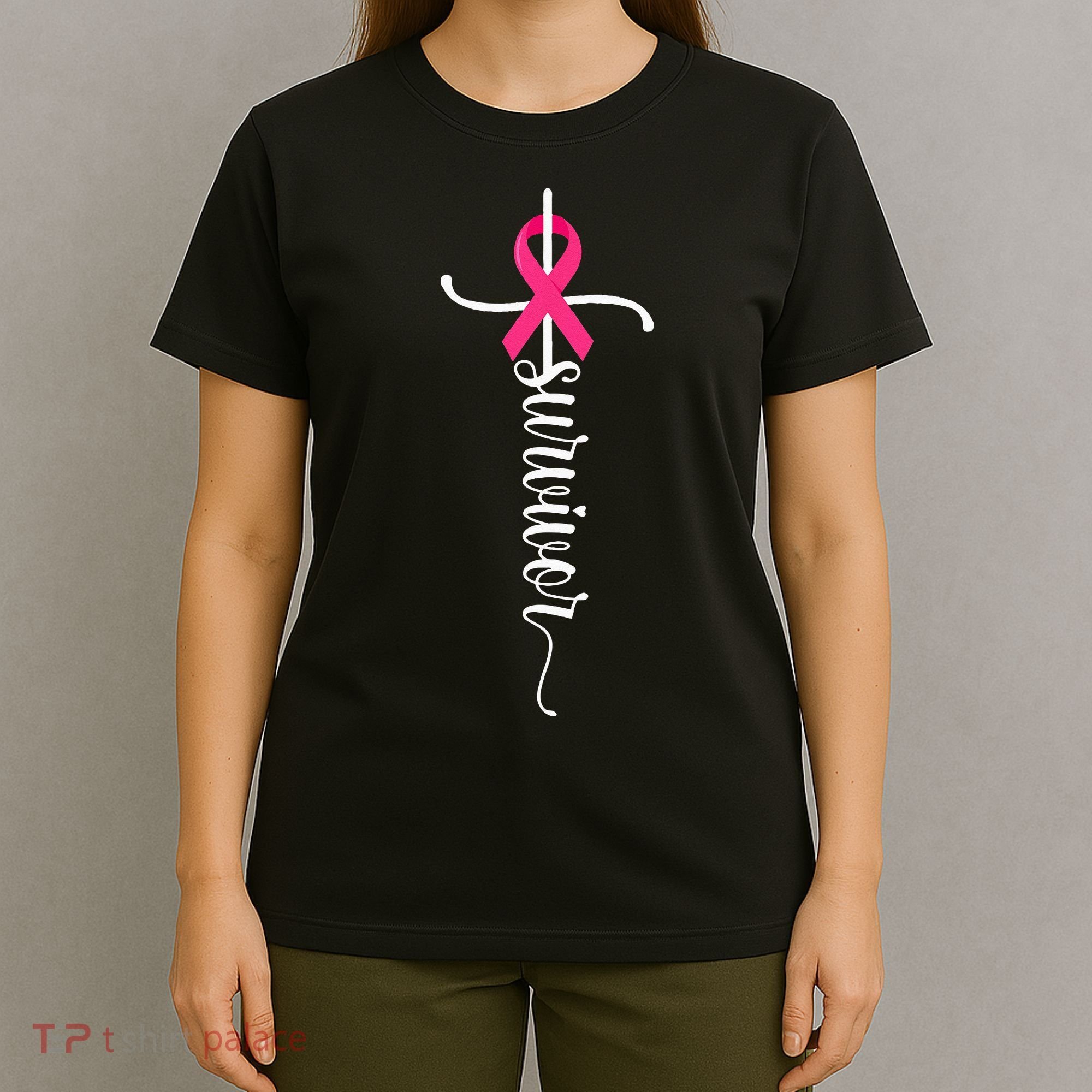 Survivor Christian Cross Warrior Pink Ribbon Breast Cancer T-Shirt