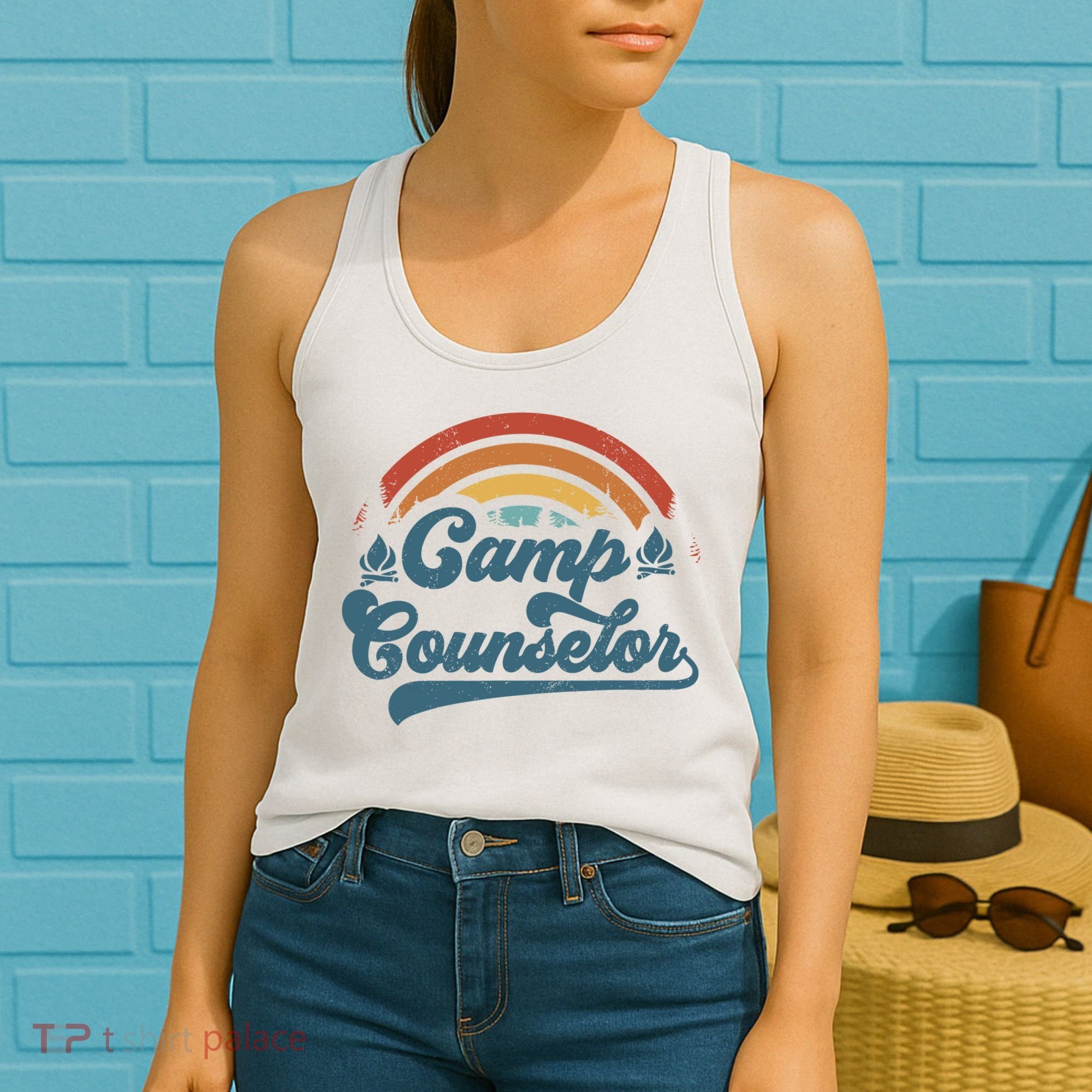 Summer Camp Counselor Staff Groovy Rainbow Camp Counselor Women's Tank Top