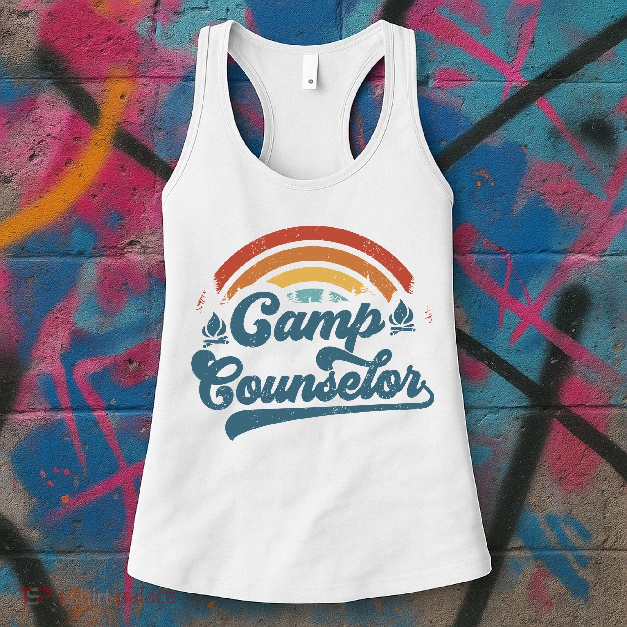 Summer Camp Counselor Staff Groovy Rainbow Camp Counselor Women's Tank Top