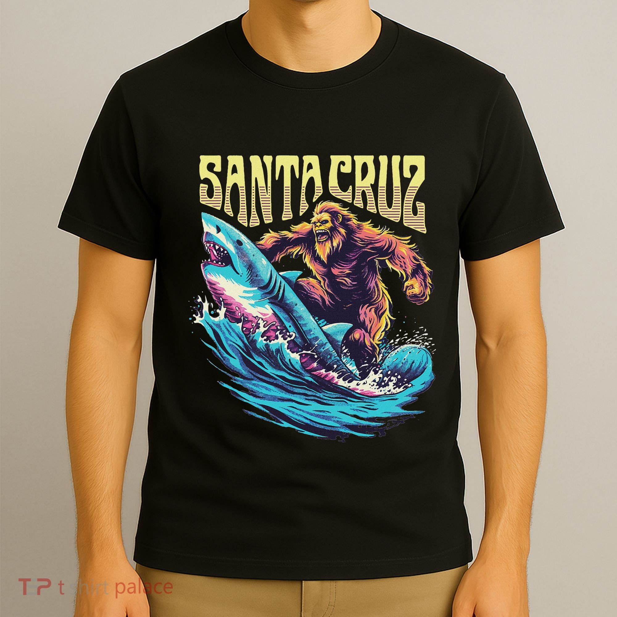 Santa Cruz California Summer Surfing Bigfoot Shark T-Shirt
