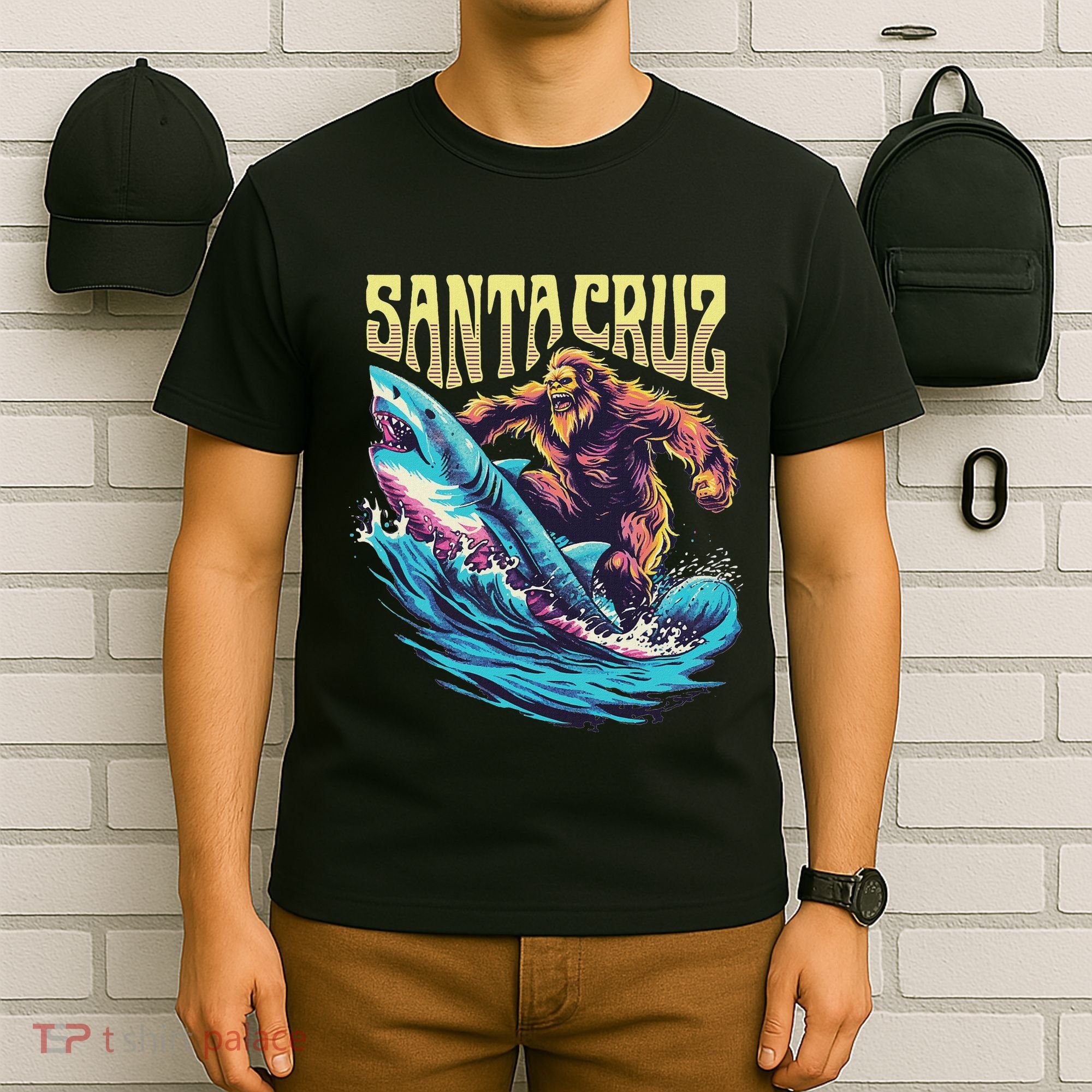 Santa Cruz California Summer Surfing Bigfoot Shark T-Shirt