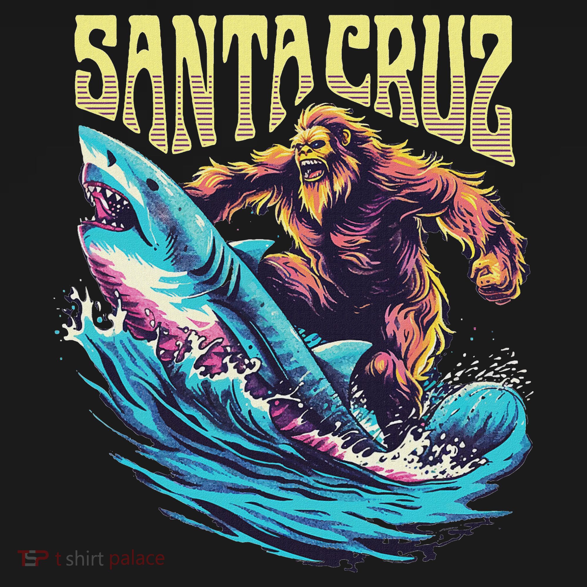 Santa Cruz California Summer Surfing Bigfoot Shark T-Shirt