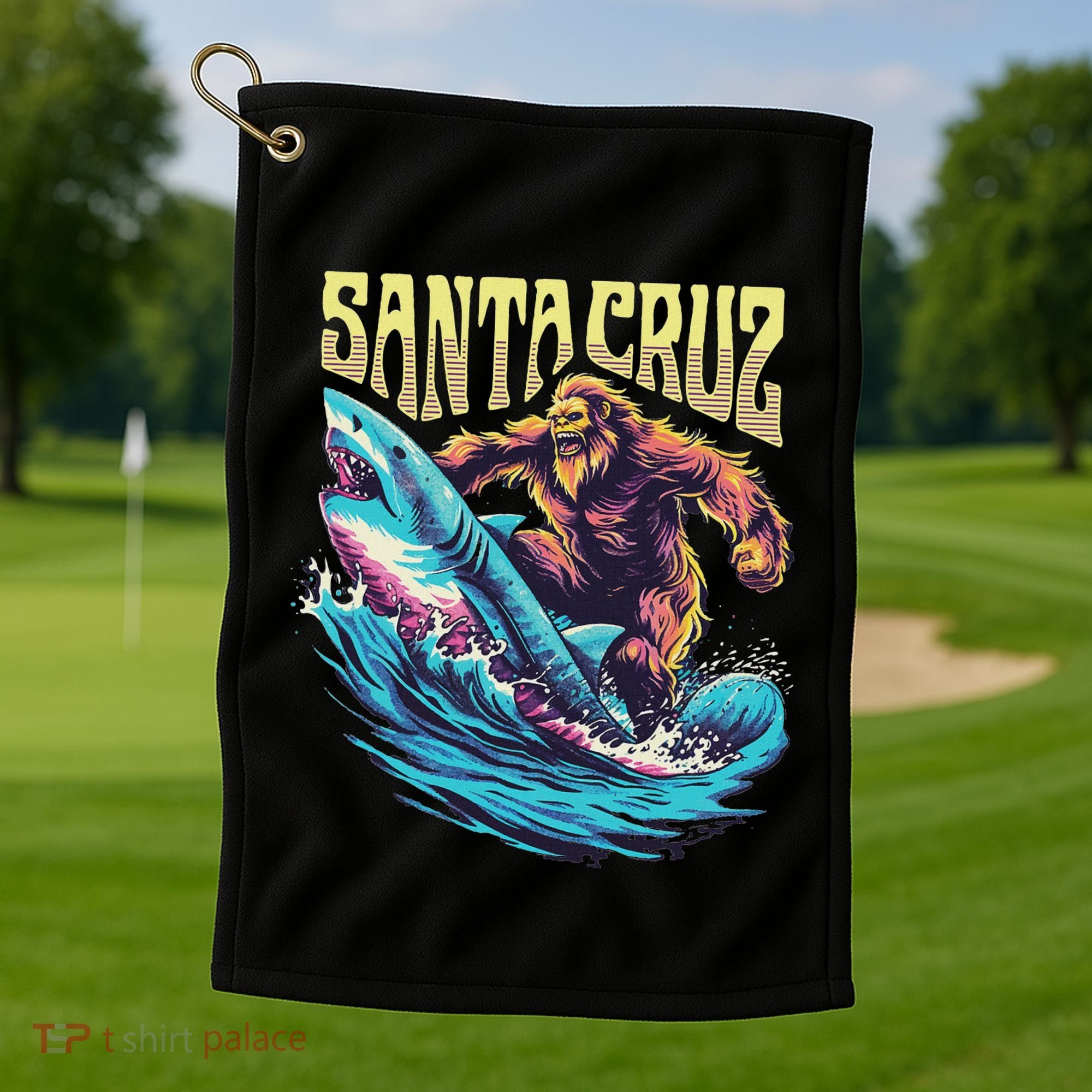 Santa Cruz California Summer Surfing Bigfoot Shark Golf Towel