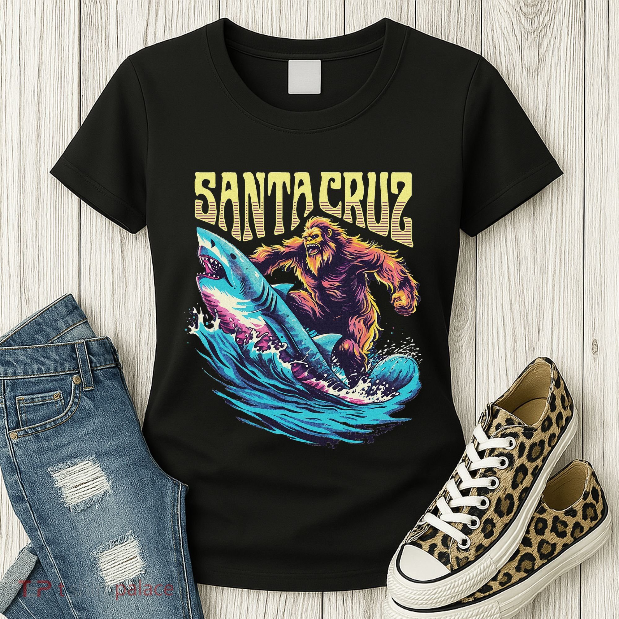 Santa Cruz California Summer Surfing Bigfoot Shark Women's T-Shirt