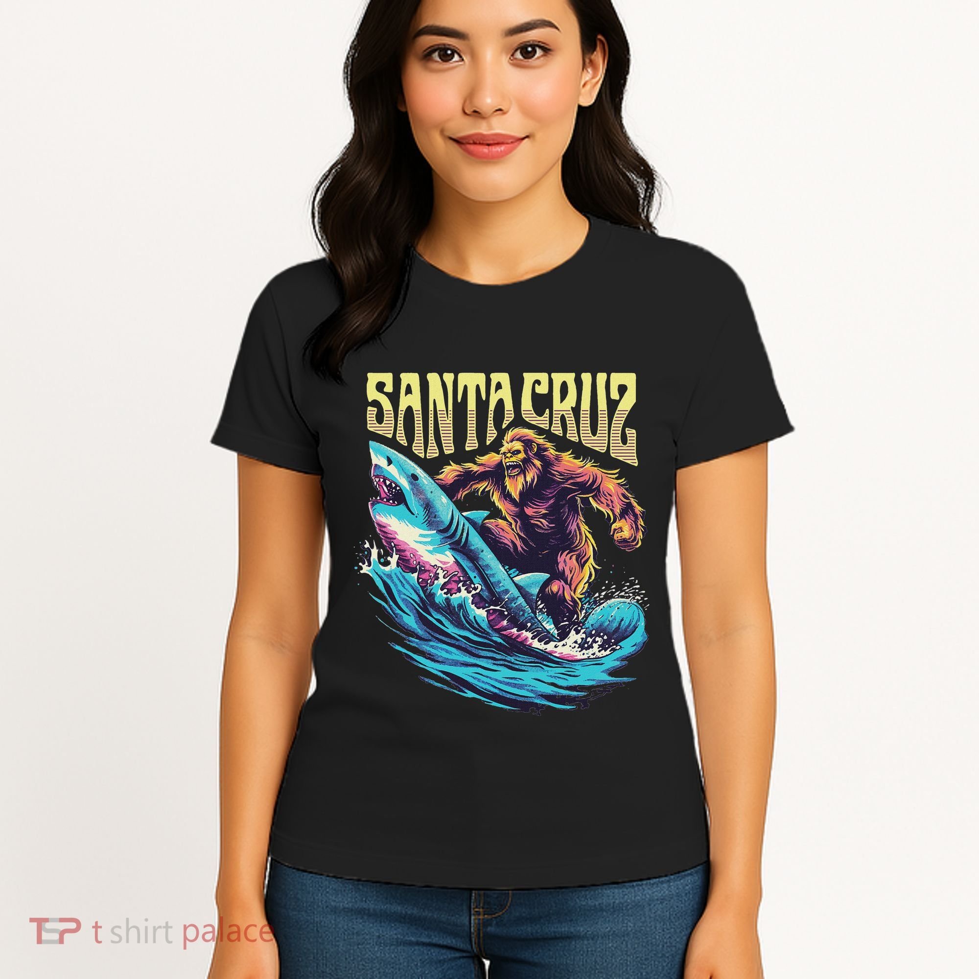 Santa Cruz California Summer Surfing Bigfoot Shark Women's T-Shirt