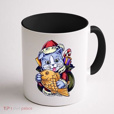 Santa Claus Christmas Cat Bringing Goldfish Coffee Mug back