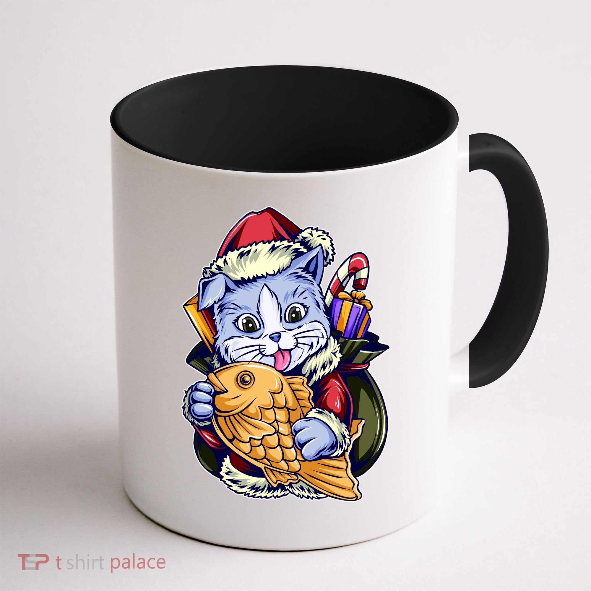 Santa Claus Christmas Cat Bringing Goldfish Coffee Mug