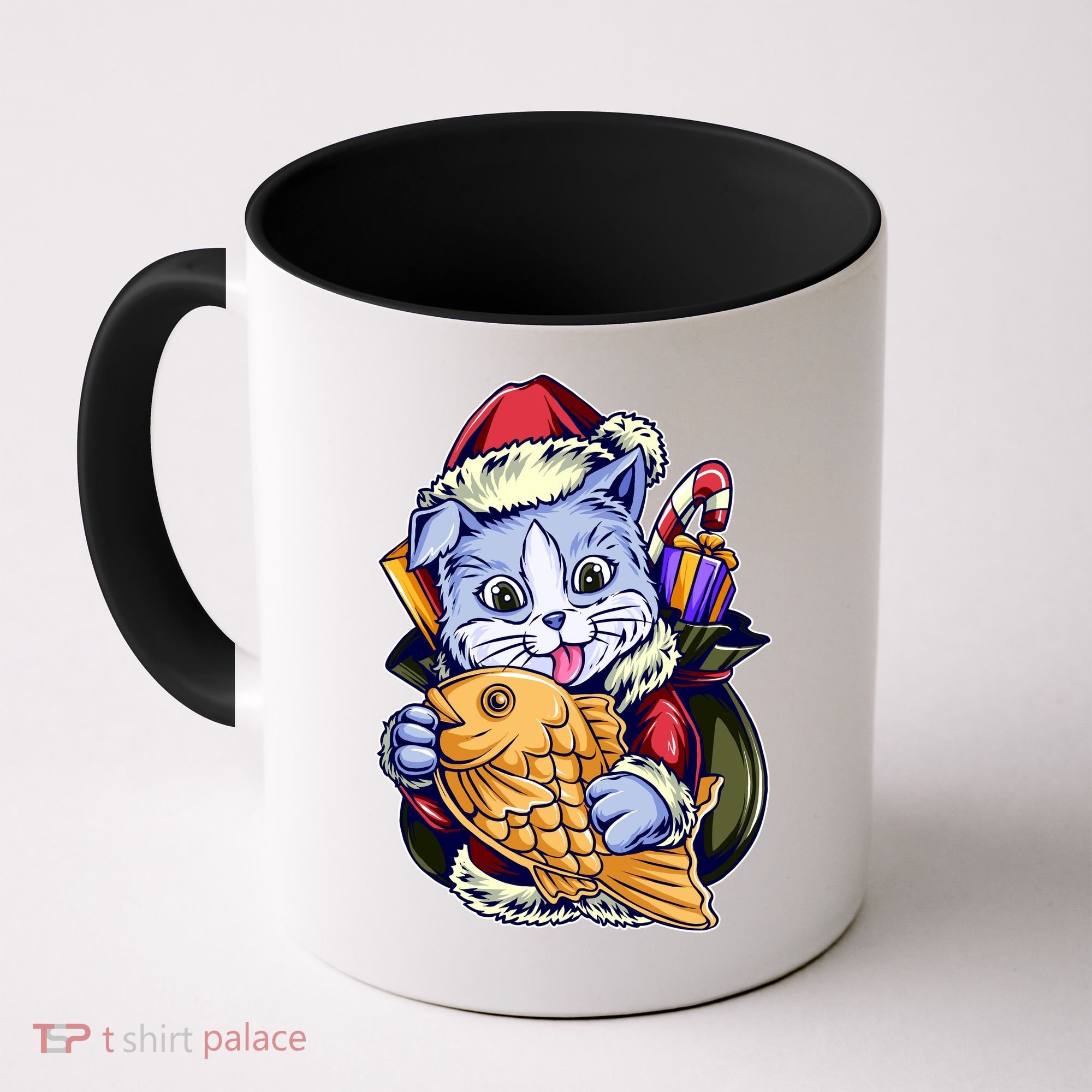 Santa Claus Christmas Cat Bringing Goldfish Coffee Mug