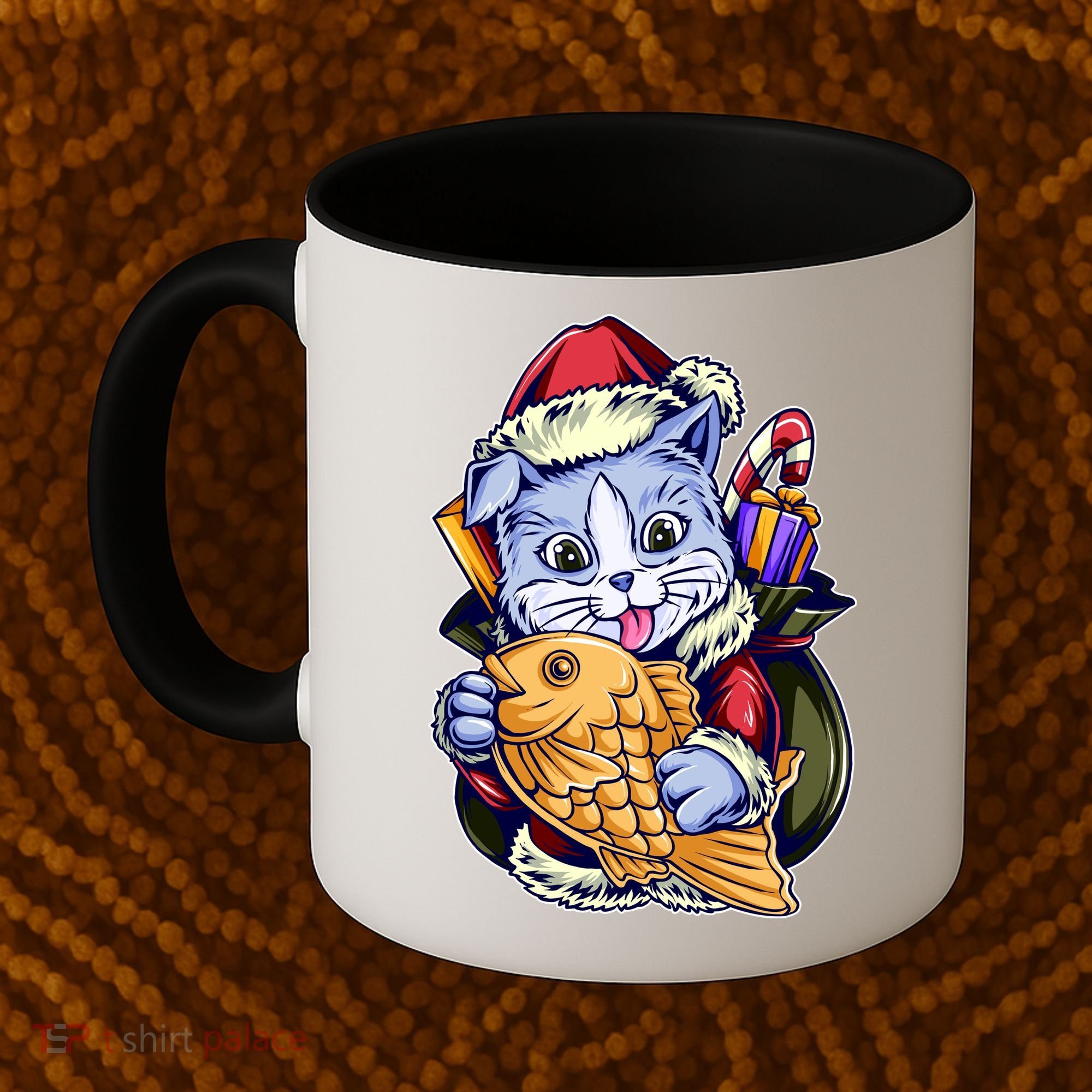 Santa Claus Christmas Cat Bringing Goldfish Coffee Mug