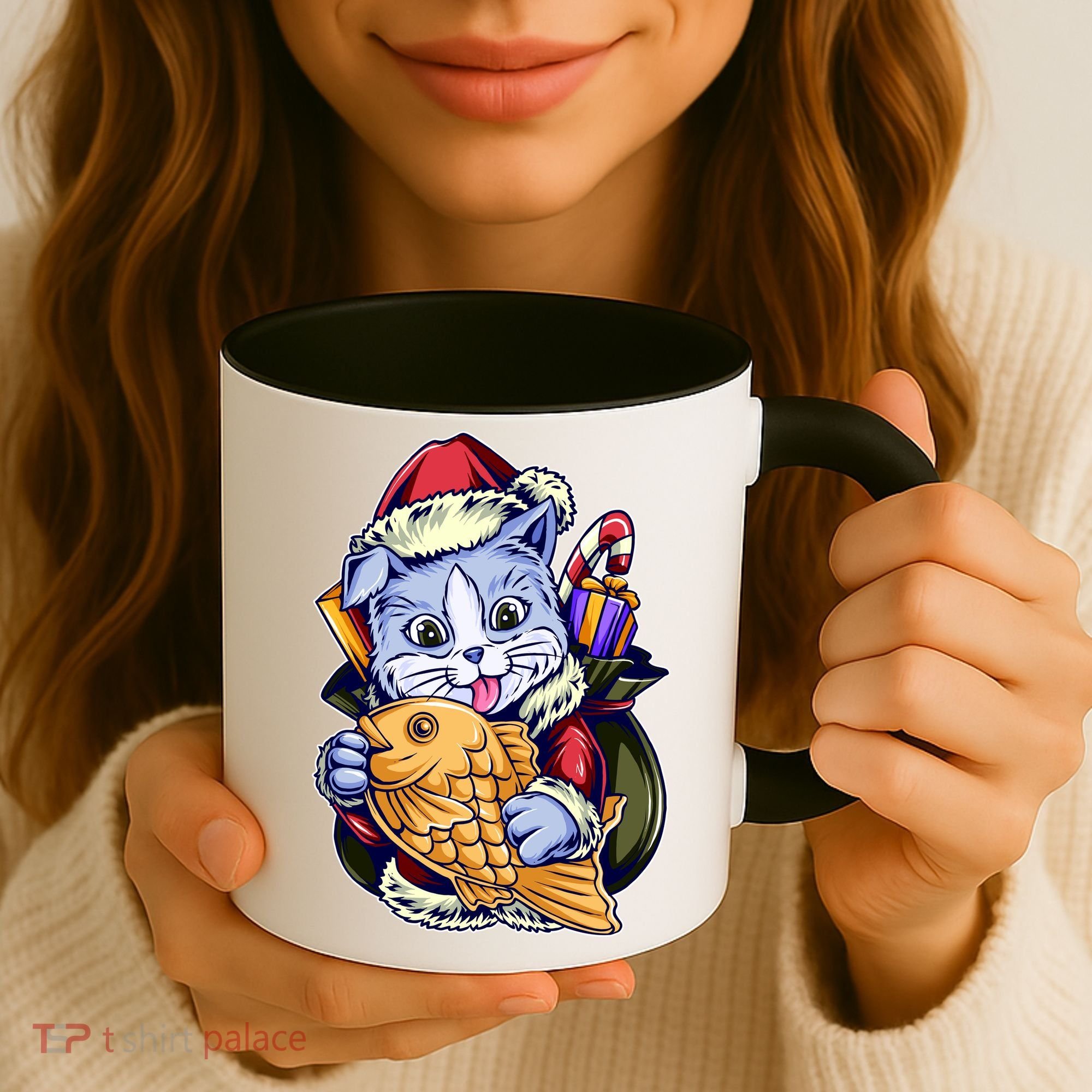 Santa Claus Christmas Cat Bringing Goldfish Coffee Mug