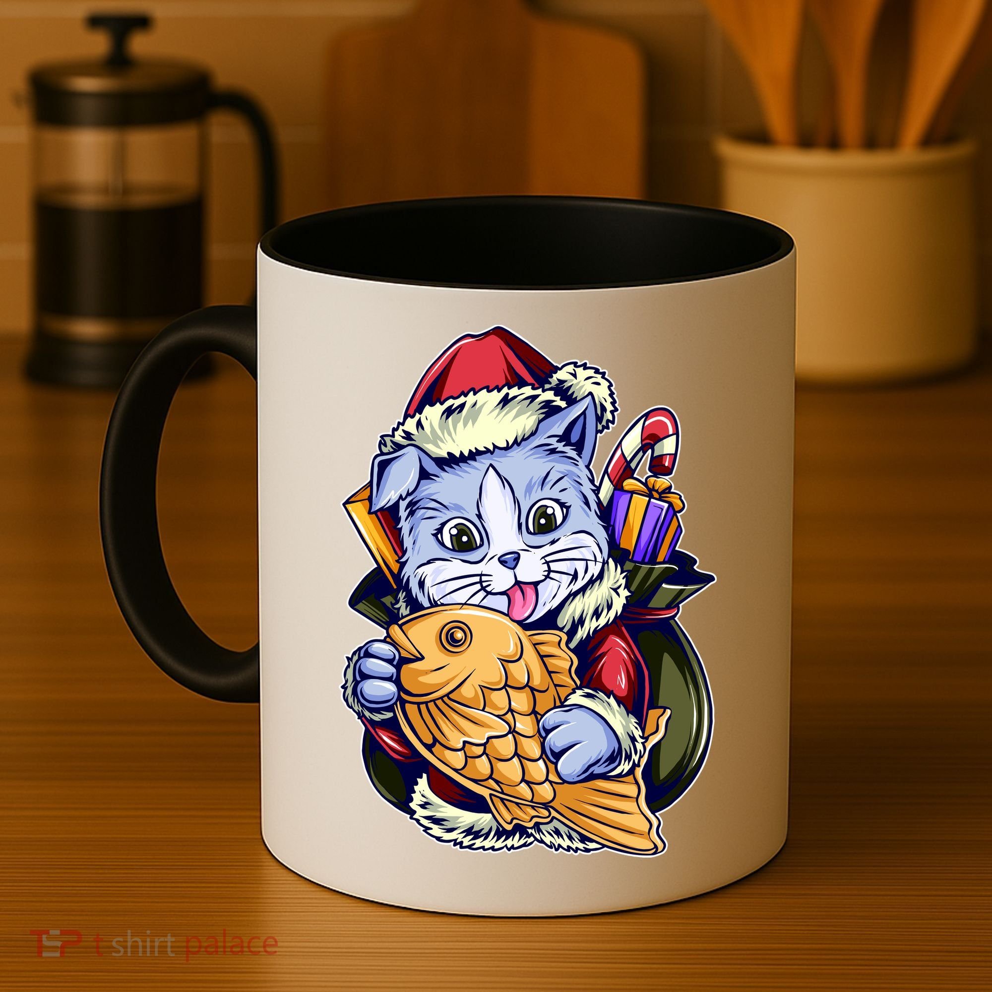 Santa Claus Christmas Cat Bringing Goldfish Coffee Mug