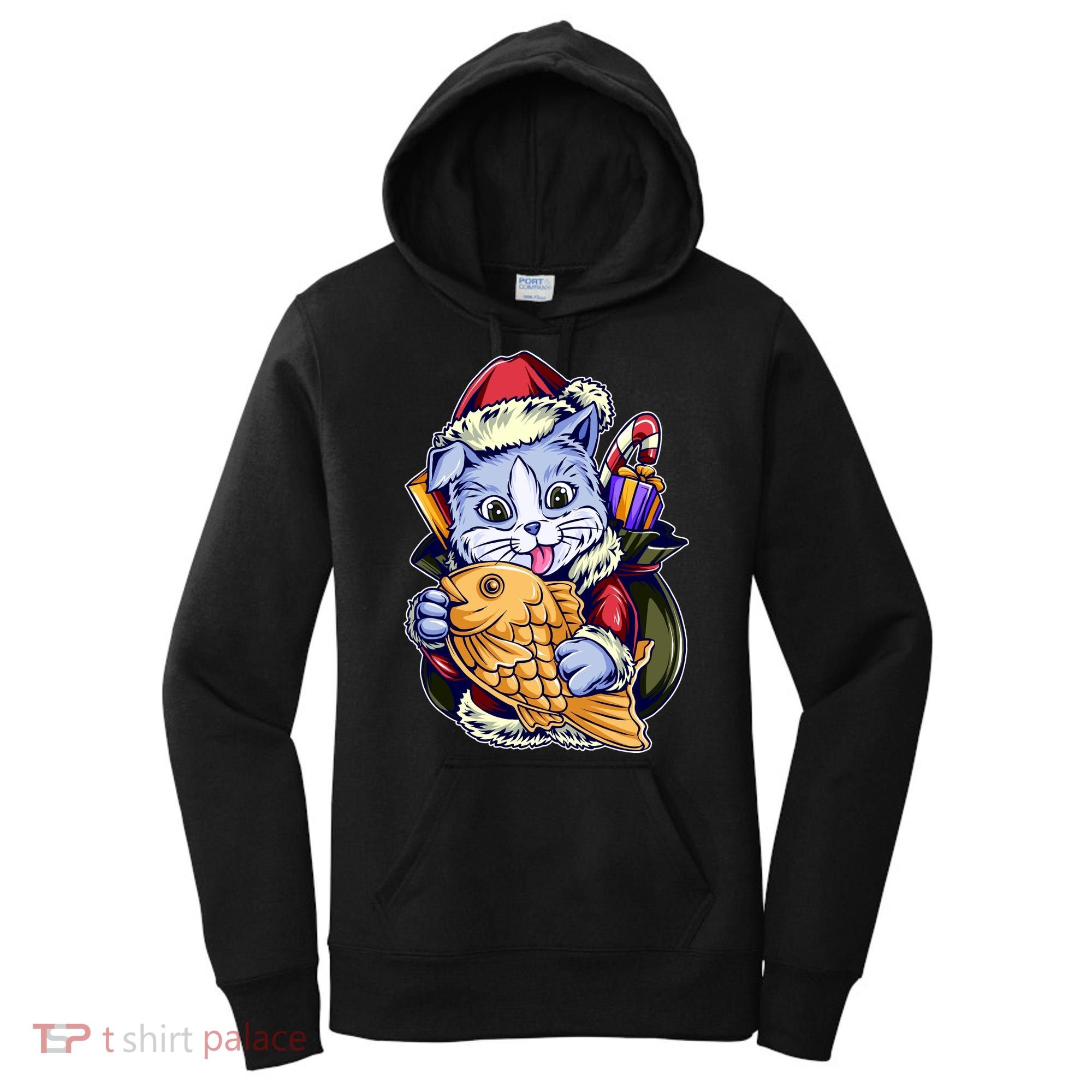 Santa Claus Christmas Cat Bringing Goldfish Women's Hoodie