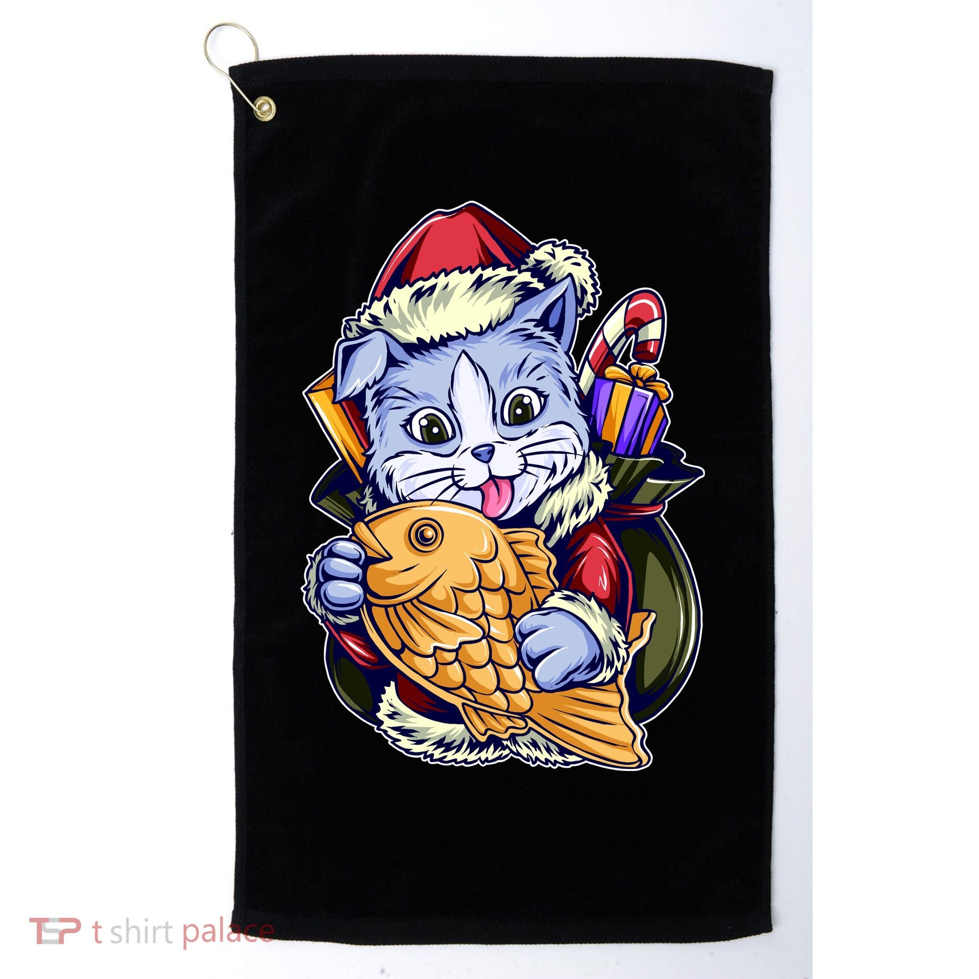Santa Claus Christmas Cat Bringing Goldfish Golf Towel