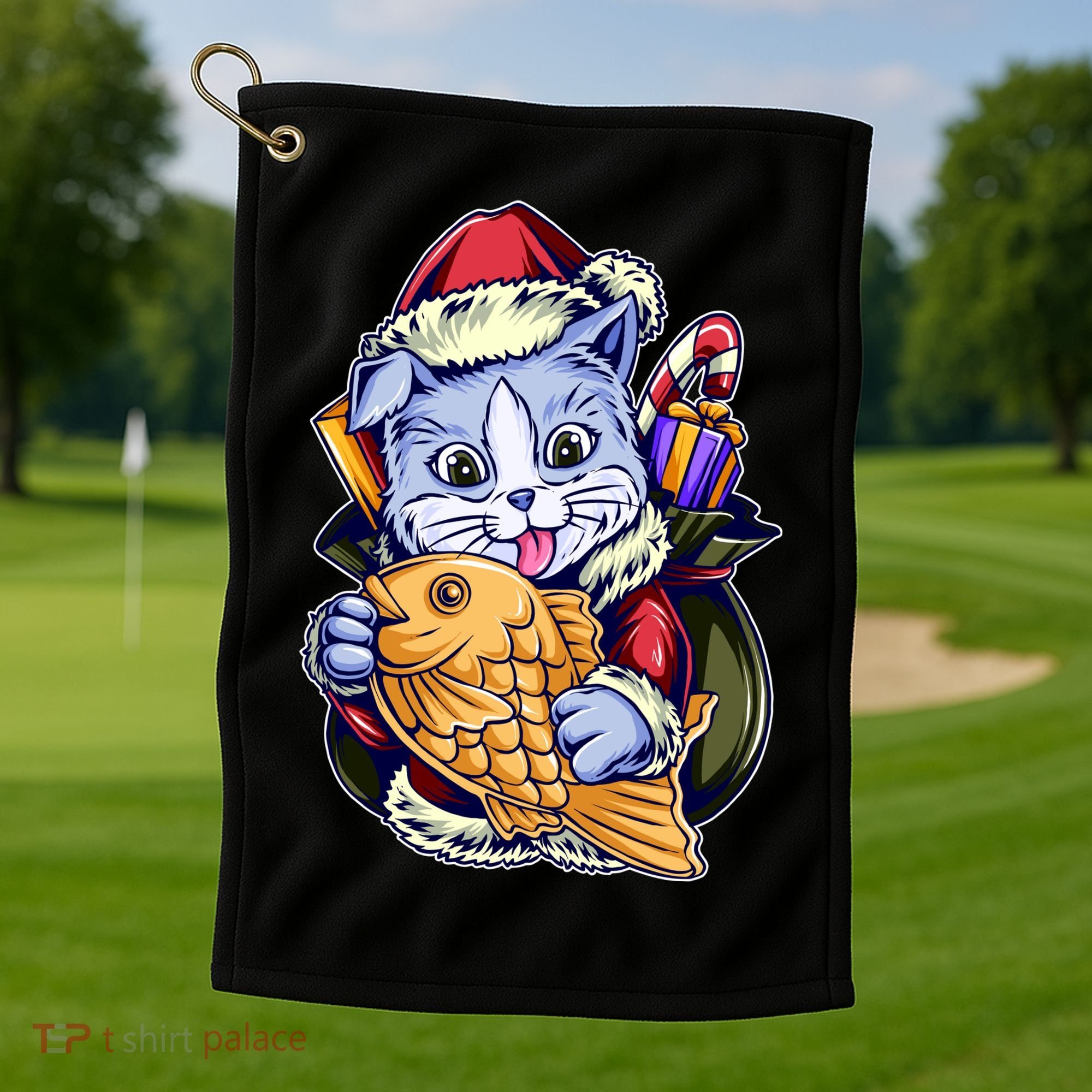 Santa Claus Christmas Cat Bringing Goldfish Golf Towel