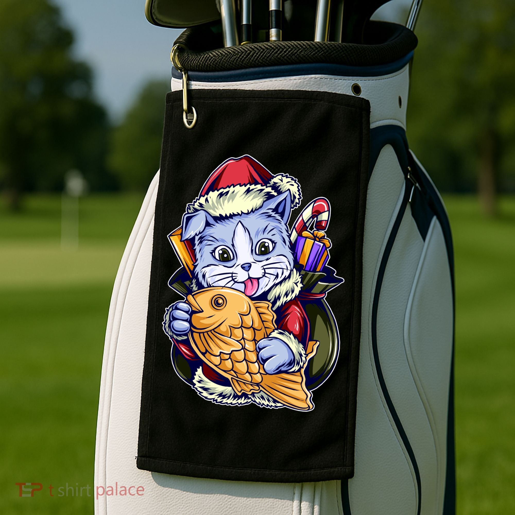 Santa Claus Christmas Cat Bringing Goldfish Golf Towel
