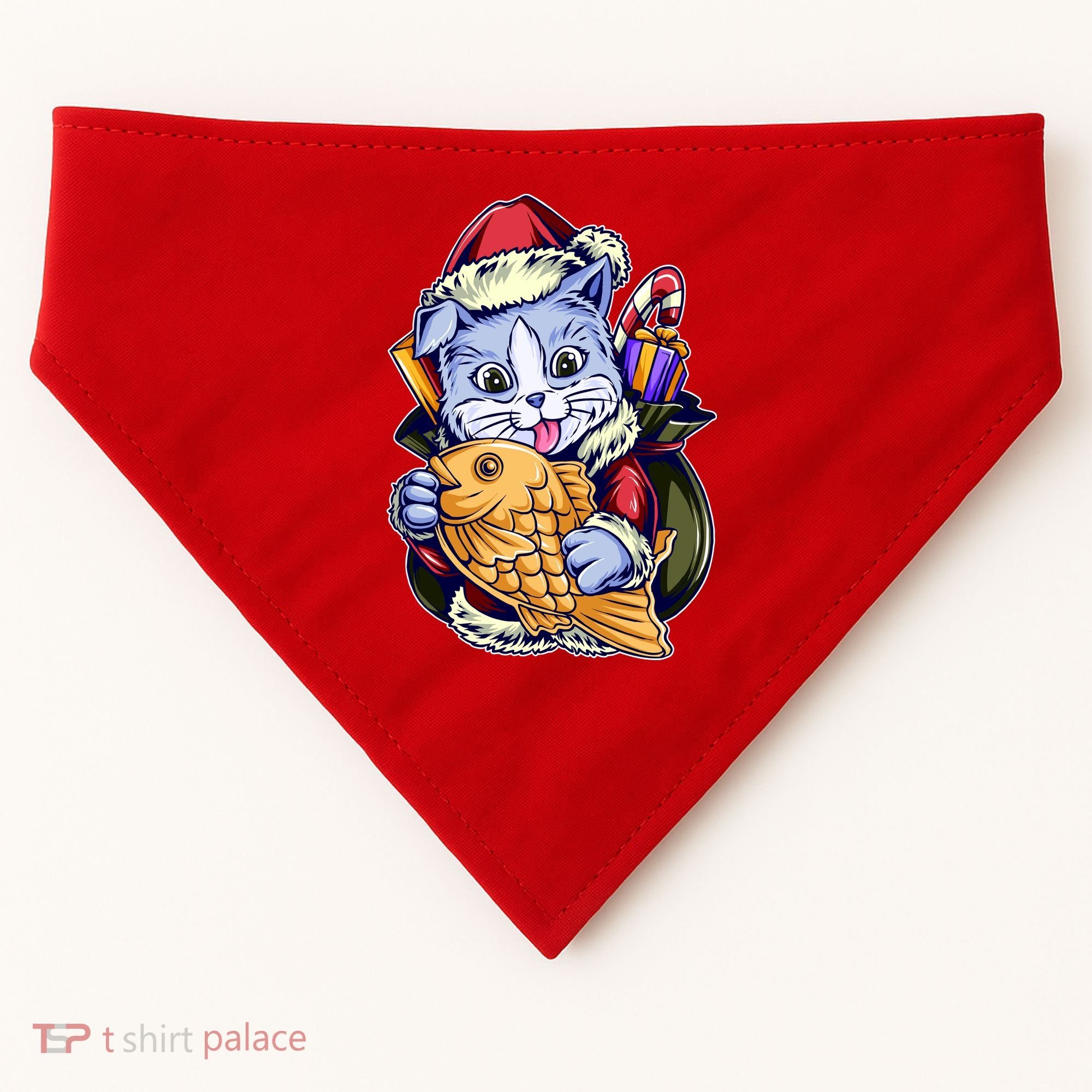 Santa Claus Christmas Cat Bringing Goldfish USA-Made Doggie Bandana