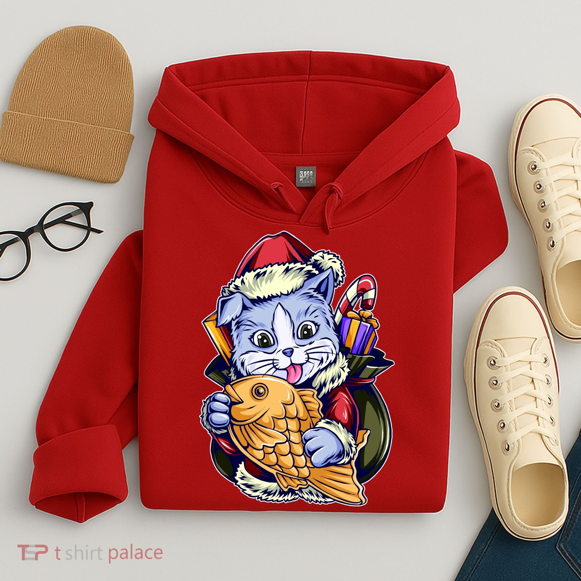 Santa Claus Christmas Cat Bringing Goldfish Hoodie