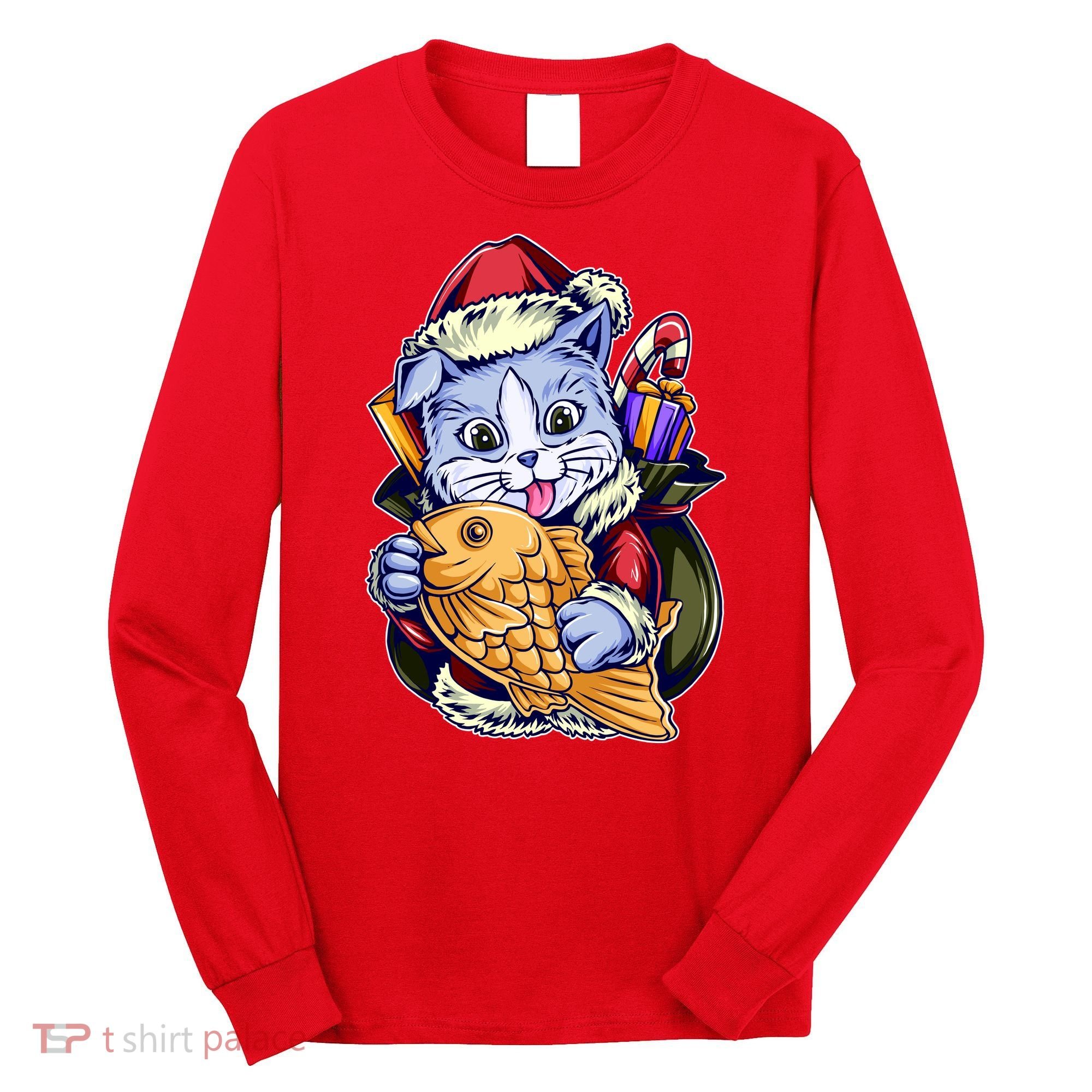 Santa Claus Christmas Cat Bringing Goldfish Long Sleeve Shirt