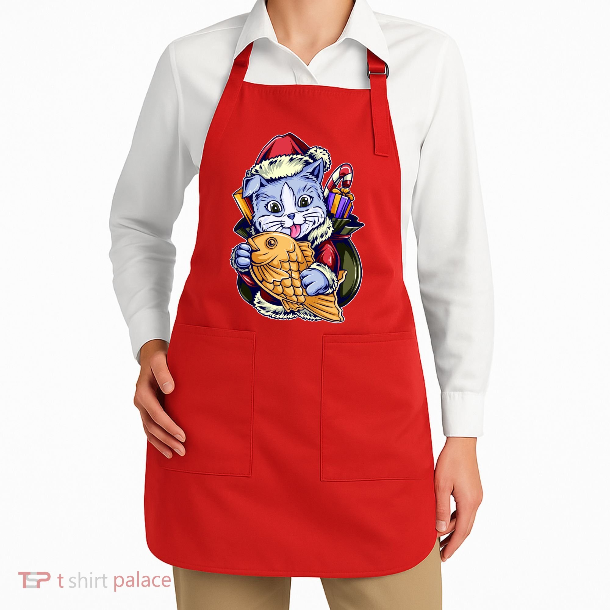 Santa Claus Christmas Cat Bringing Goldfish Apron