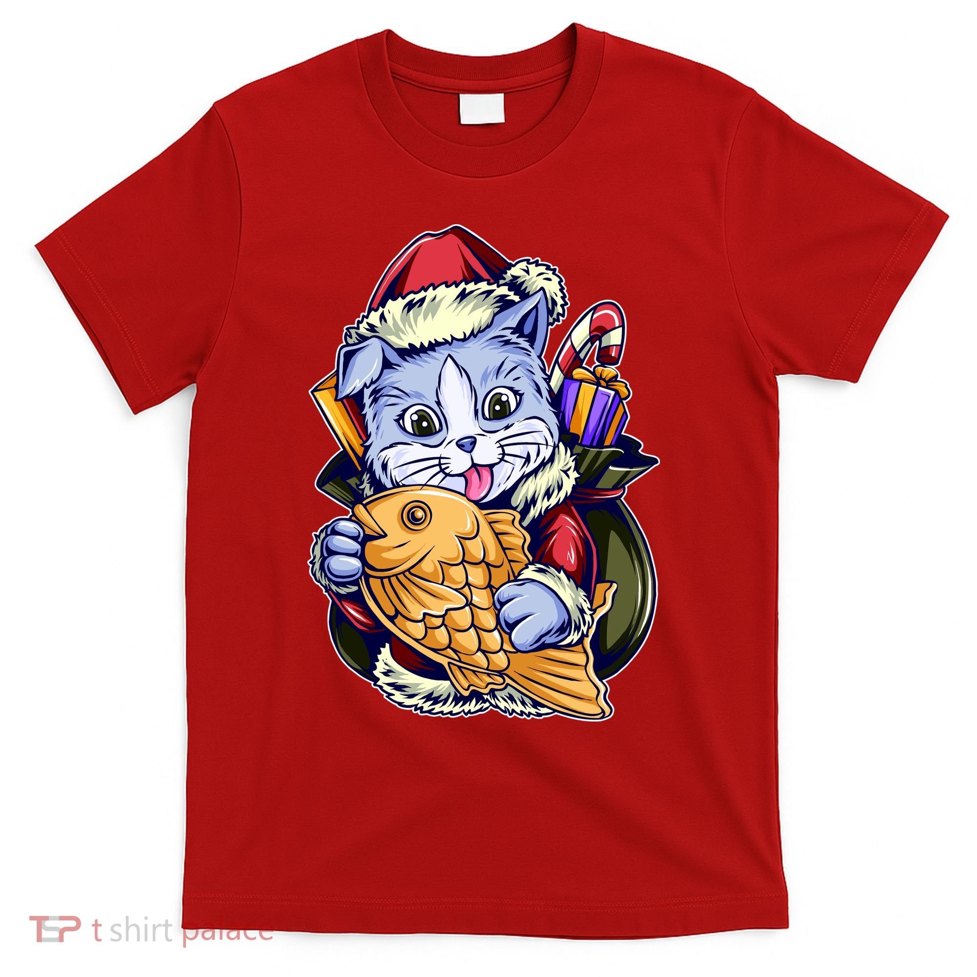 Santa Claus Christmas Cat Bringing Goldfish T-Shirt