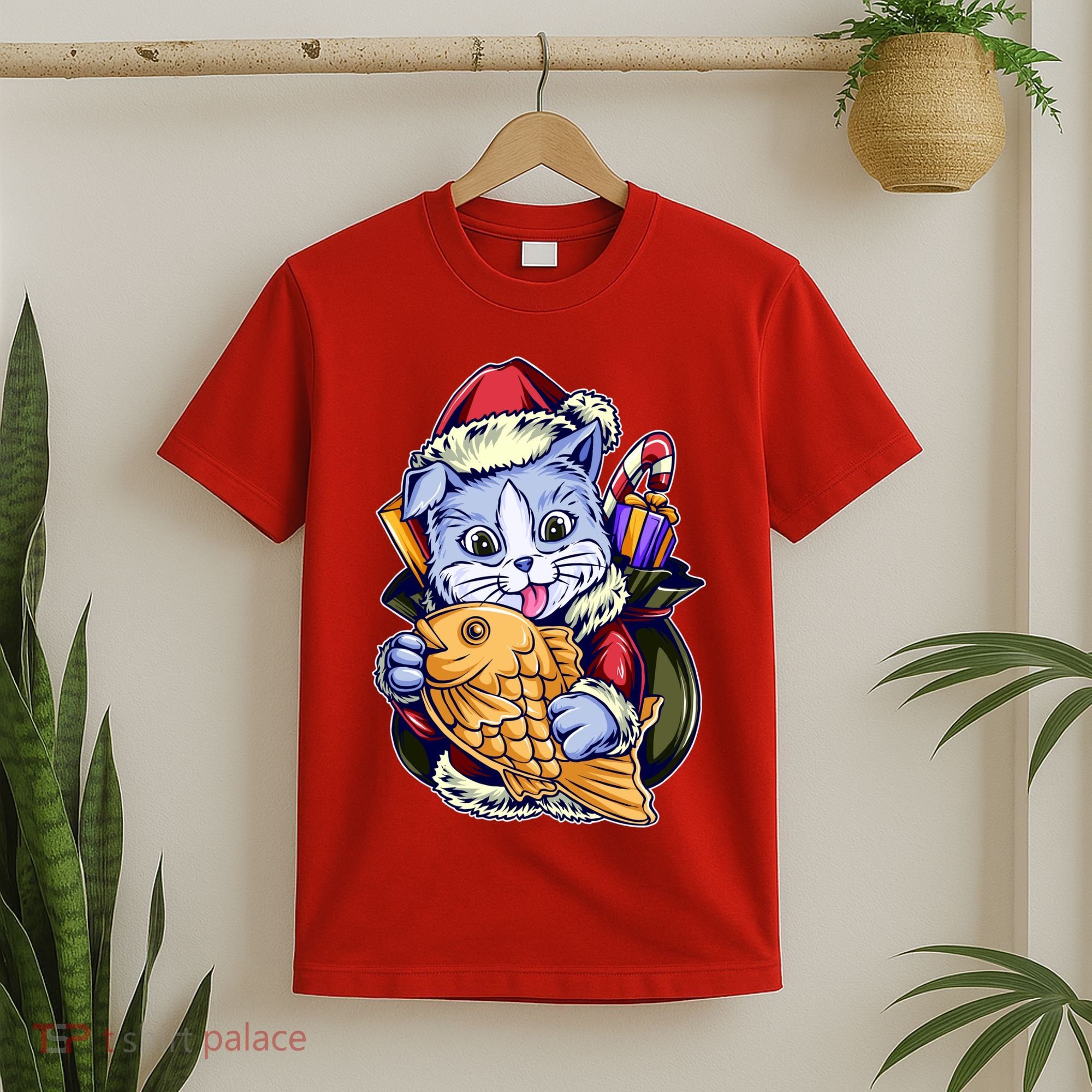 Santa Claus Christmas Cat Bringing Goldfish T-Shirt