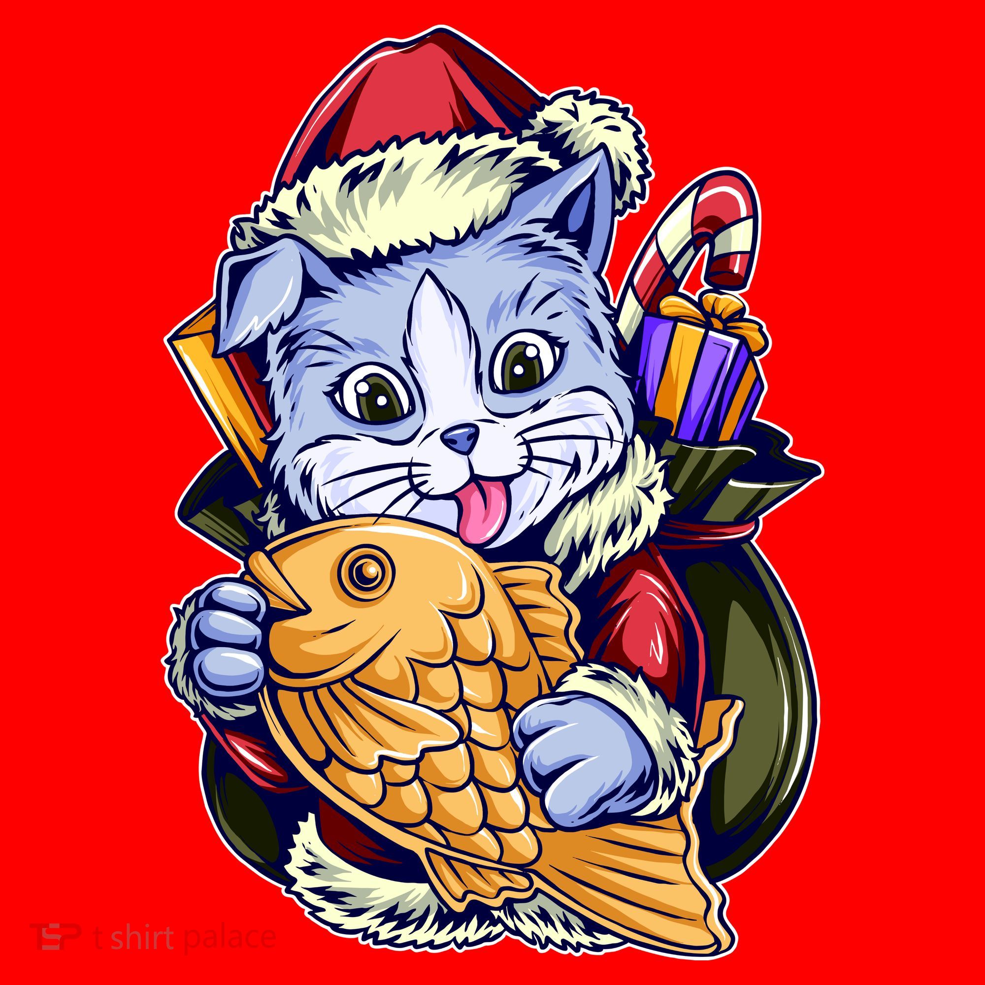 Santa Claus Christmas Cat Bringing Goldfish T-Shirt