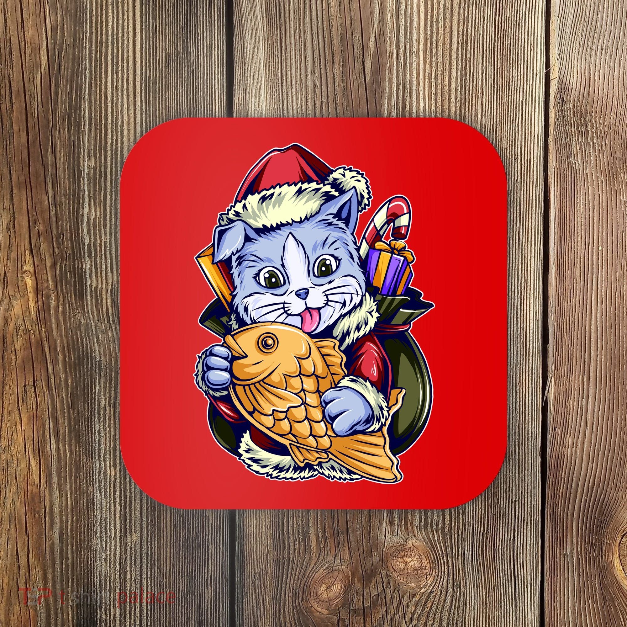 Santa Claus Christmas Cat Bringing Goldfish Coaster