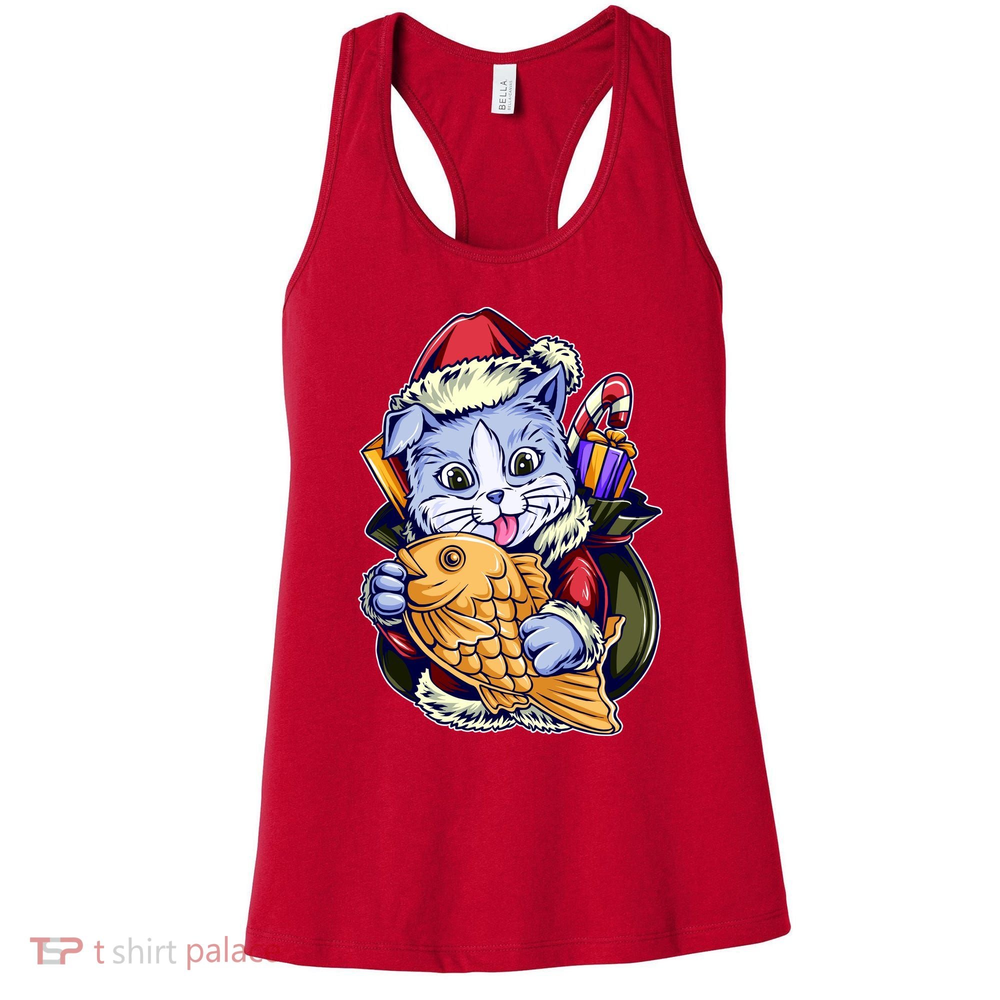 Santa Claus Christmas Cat Bringing Goldfish Women's Tank Top
