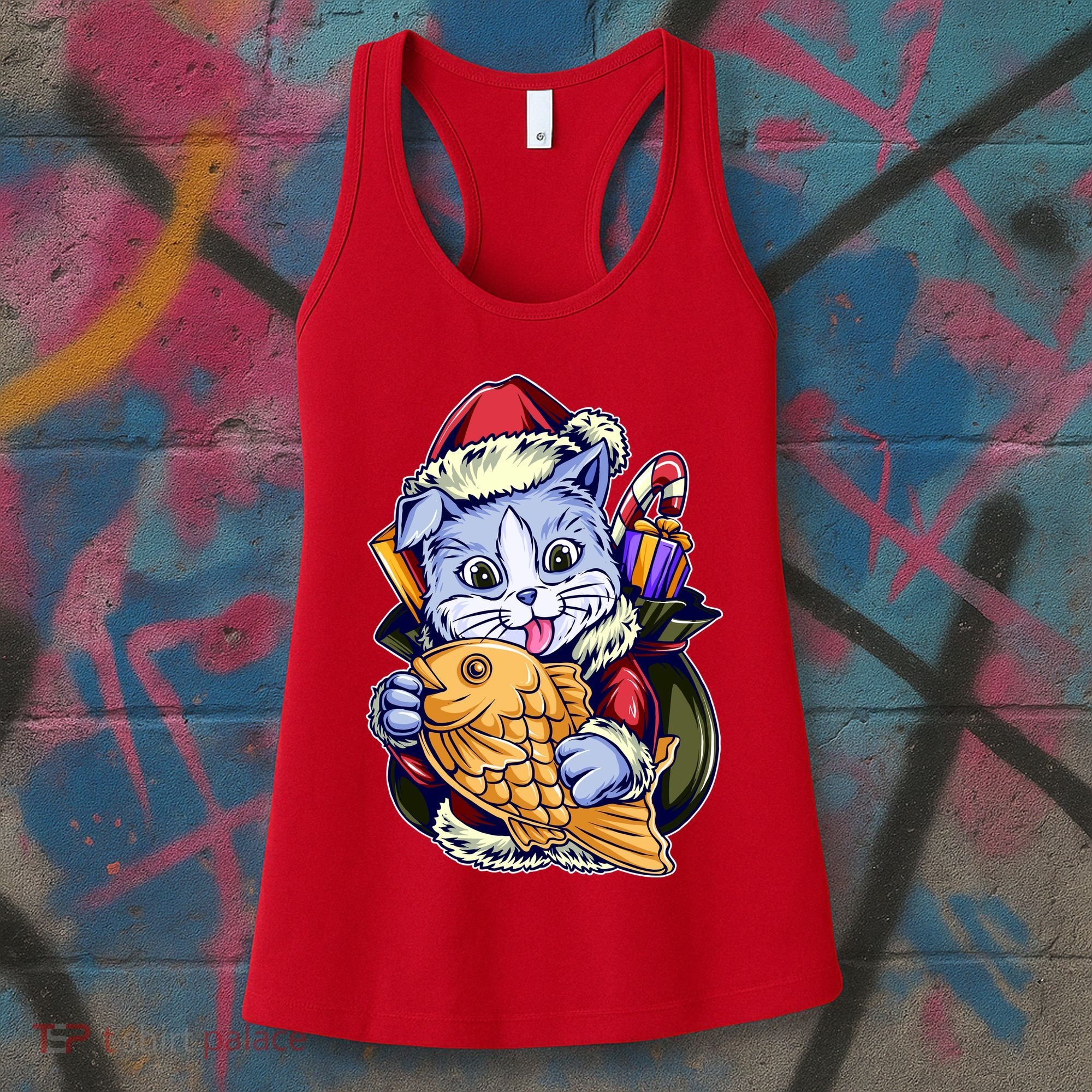 Santa Claus Christmas Cat Bringing Goldfish Women's Tank Top