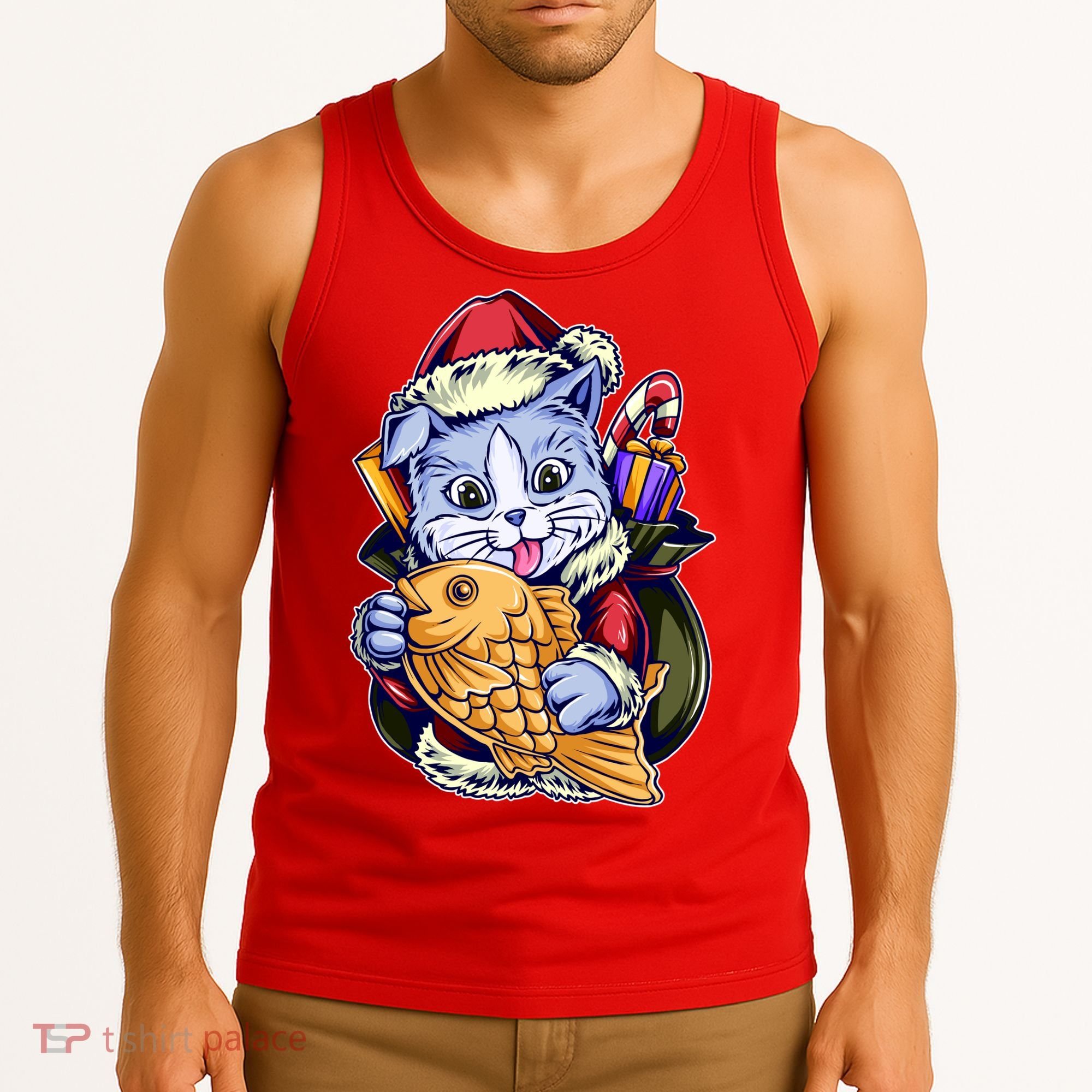 Santa Claus Christmas Cat Bringing Goldfish Tank Top