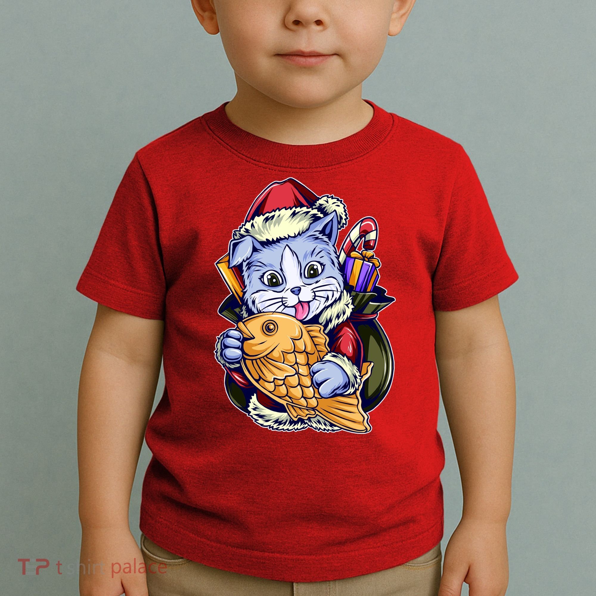 Santa Claus Christmas Cat Bringing Goldfish Toddler T-Shirt