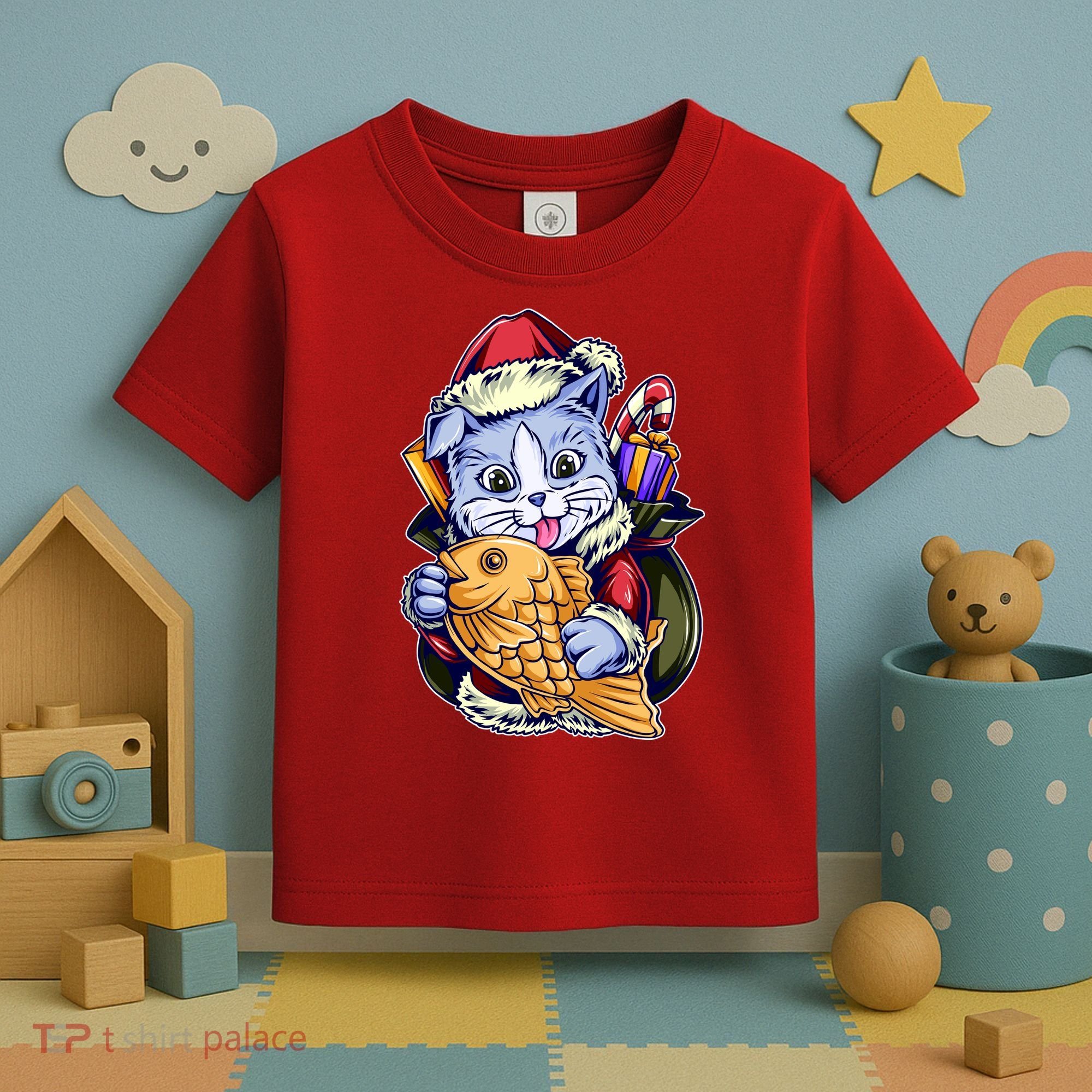 Santa Claus Christmas Cat Bringing Goldfish Toddler T-Shirt