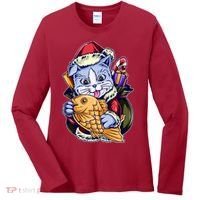Santa Claus Christmas Cat Bringing Goldfish Women's Long Sleeve Shirt thumb 0