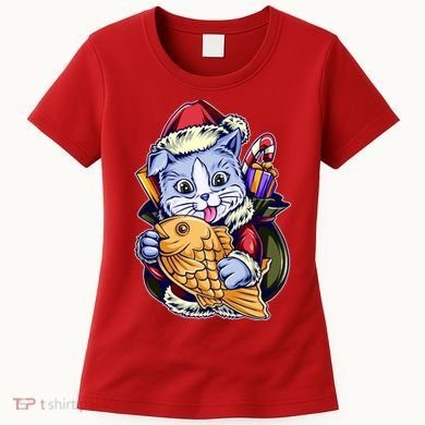 Santa Claus Christmas Cat Bringing Goldfish Women's T-Shirt
