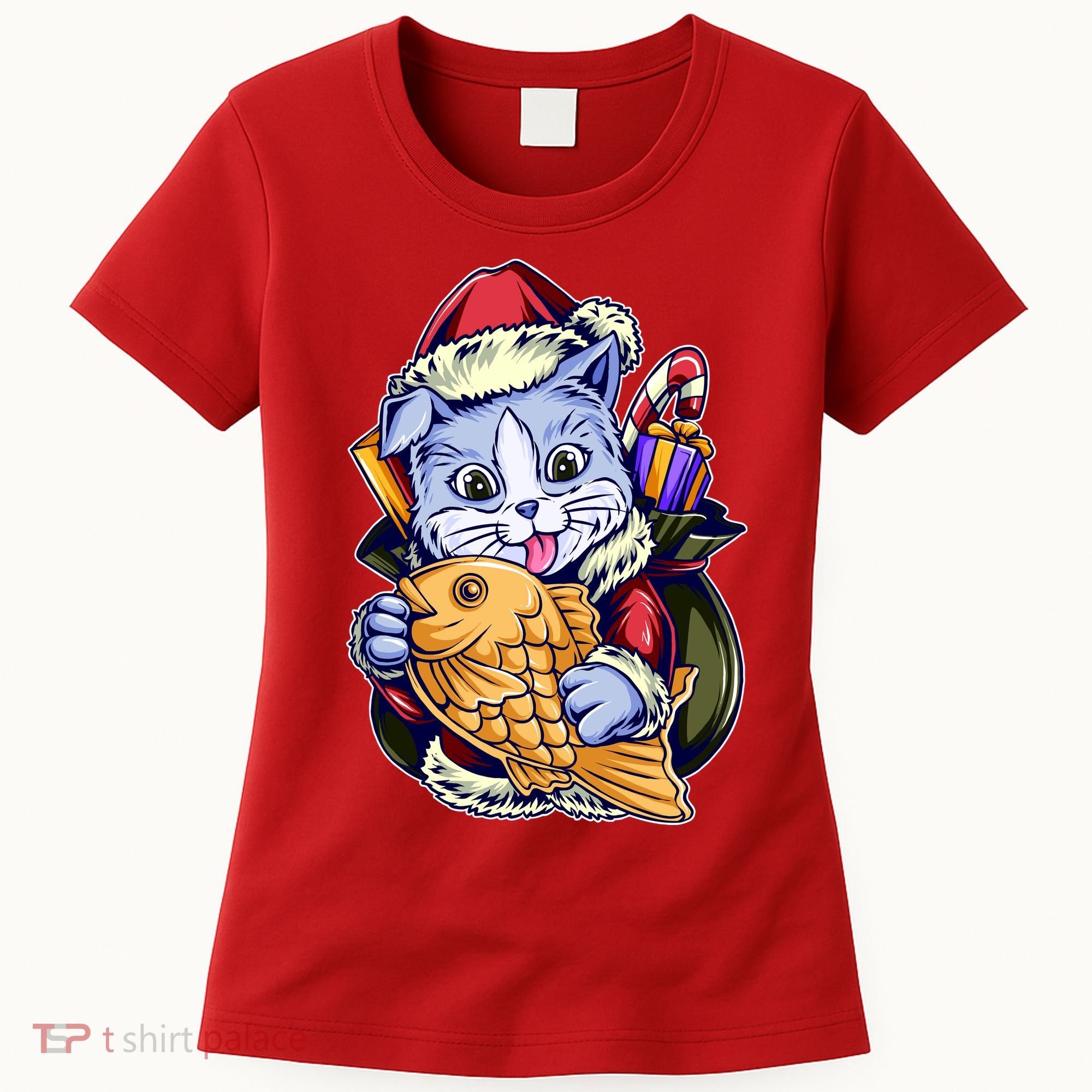 Santa Claus Christmas Cat Bringing Goldfish Women's T-Shirt