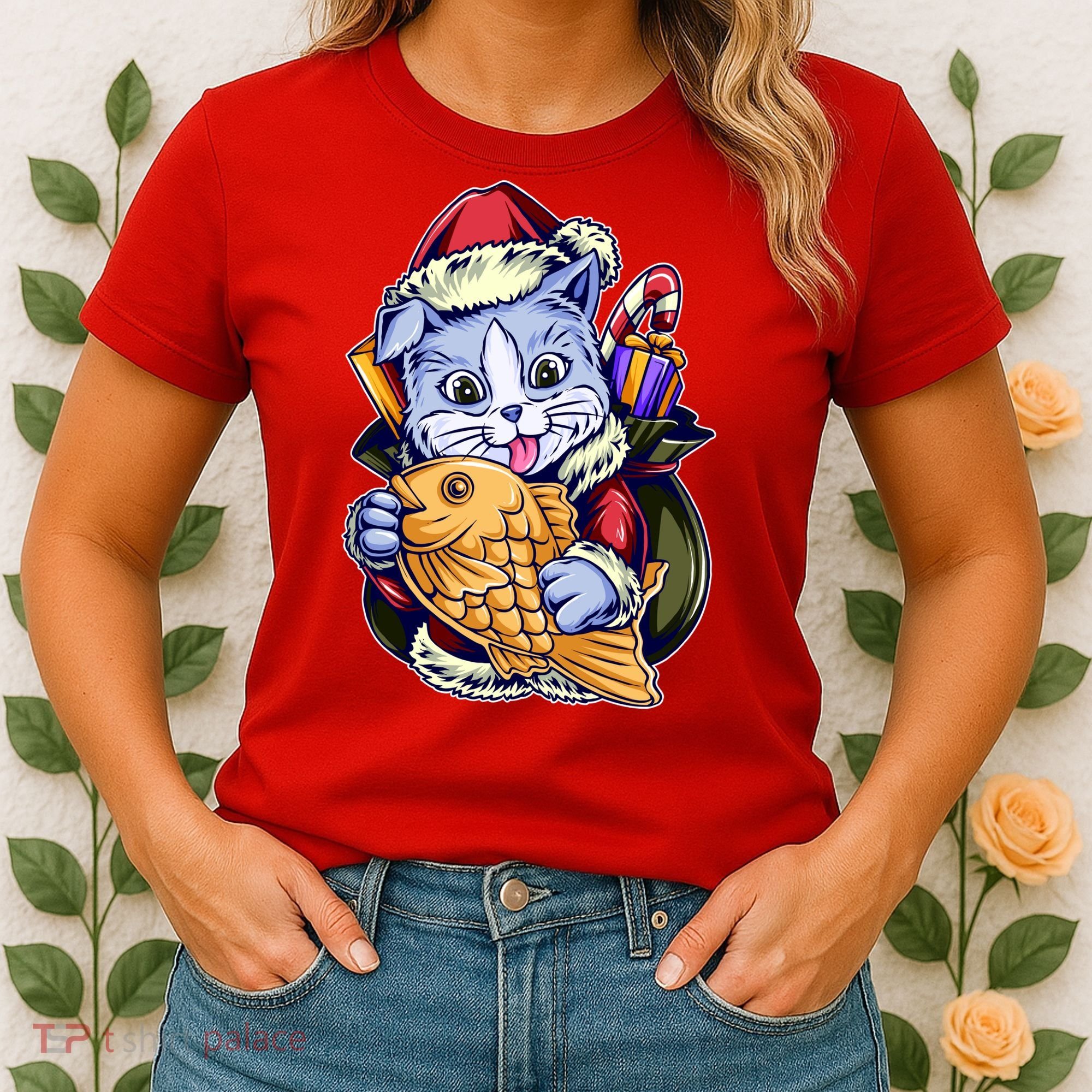Santa Claus Christmas Cat Bringing Goldfish Women's T-Shirt