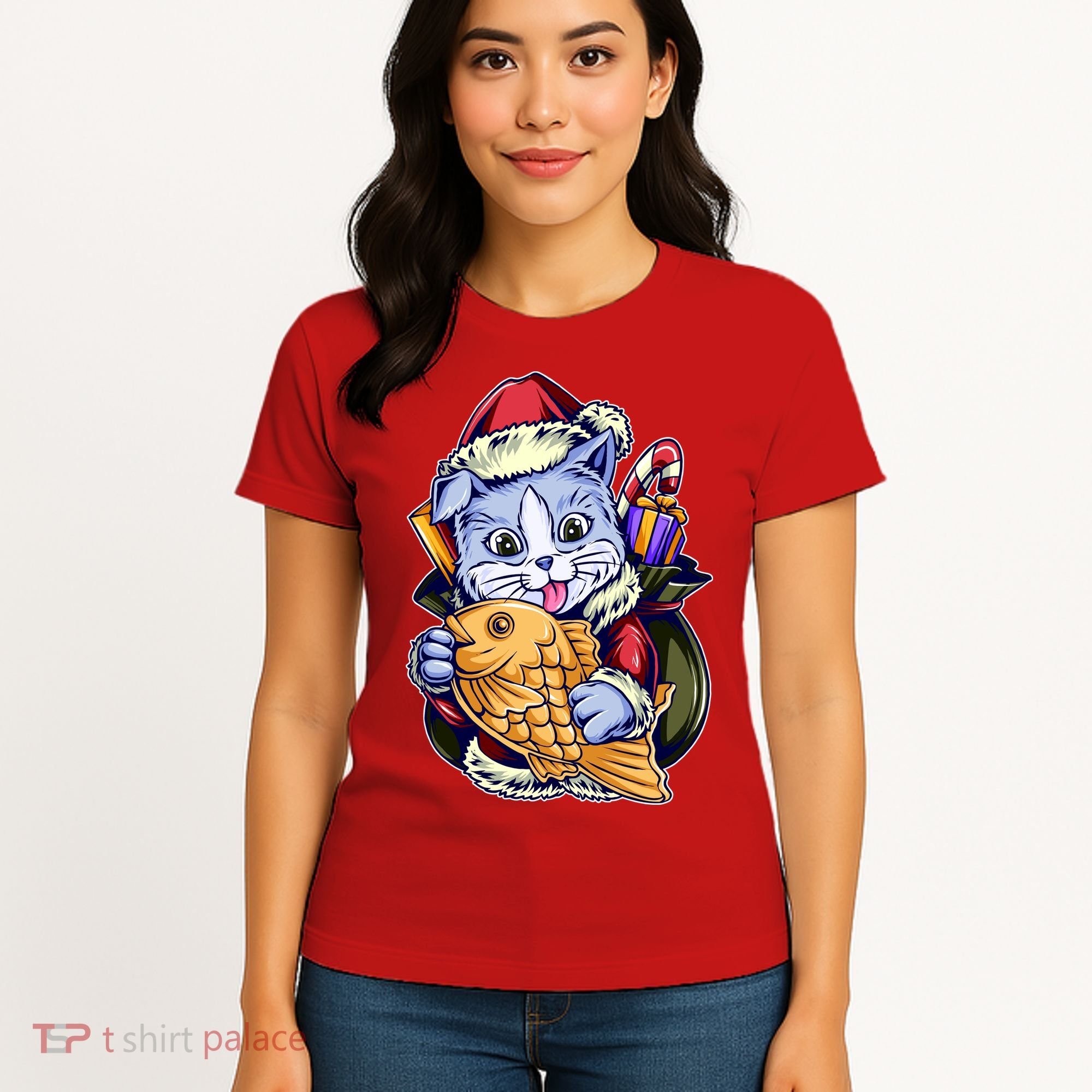 Santa Claus Christmas Cat Bringing Goldfish Women's T-Shirt