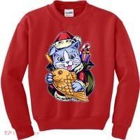 Santa Claus Christmas Cat Bringing Goldfish Kids Sweatshirt thumb 0