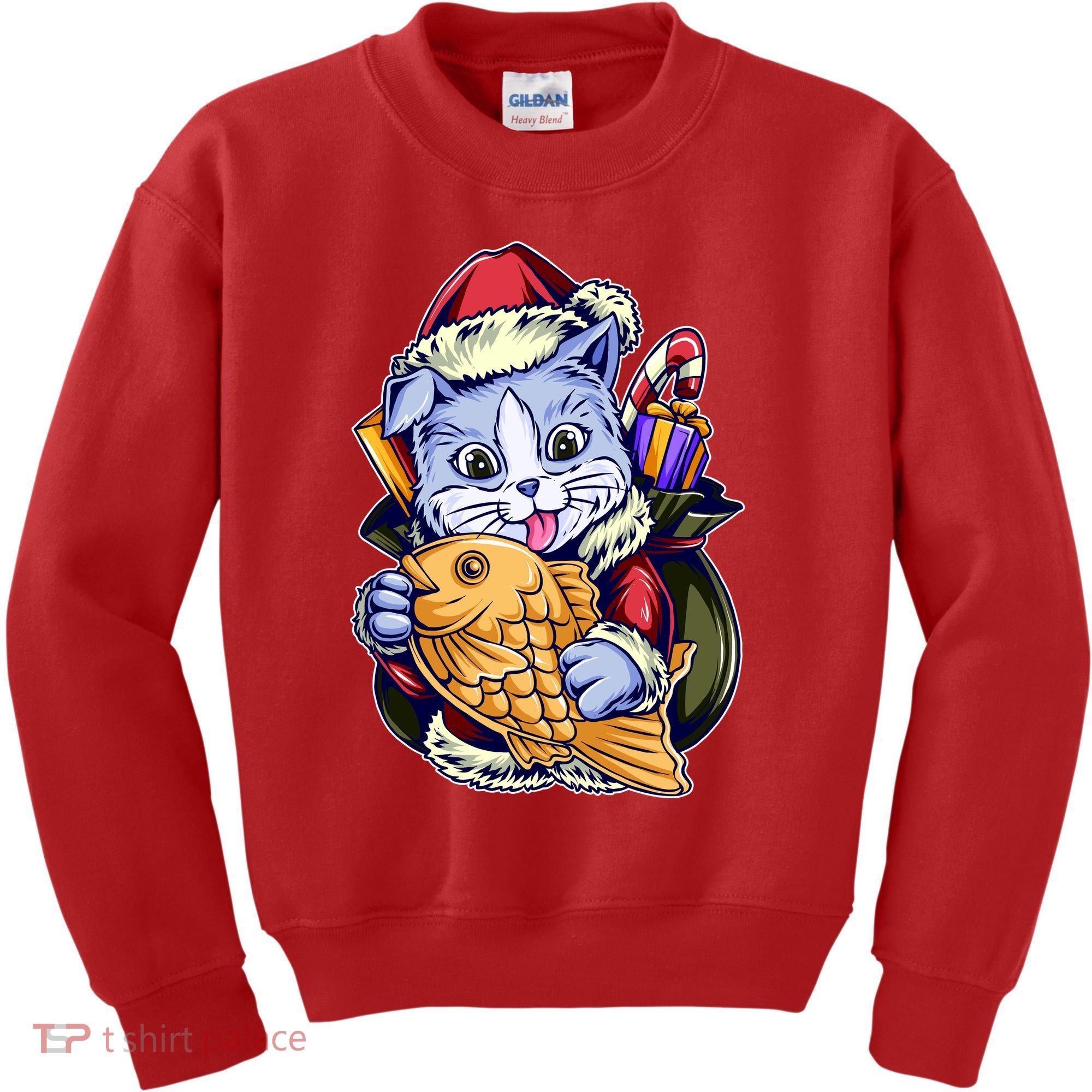 Santa Claus Christmas Cat Bringing Goldfish Kids Sweatshirt