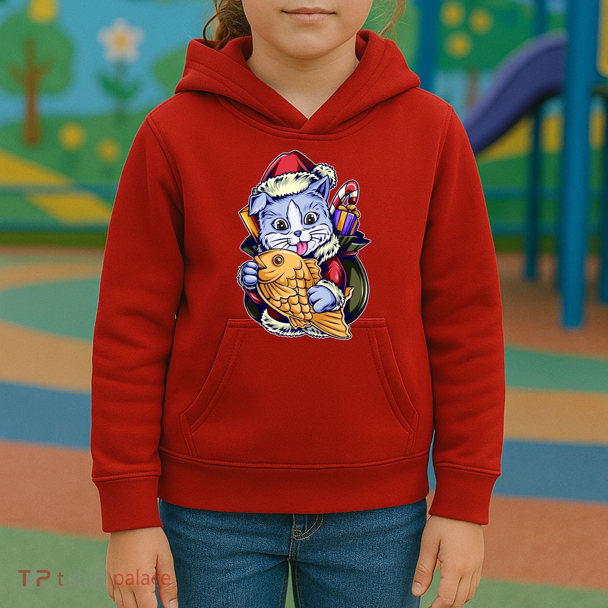 Santa Claus Christmas Cat Bringing Goldfish Kids Hoodie
