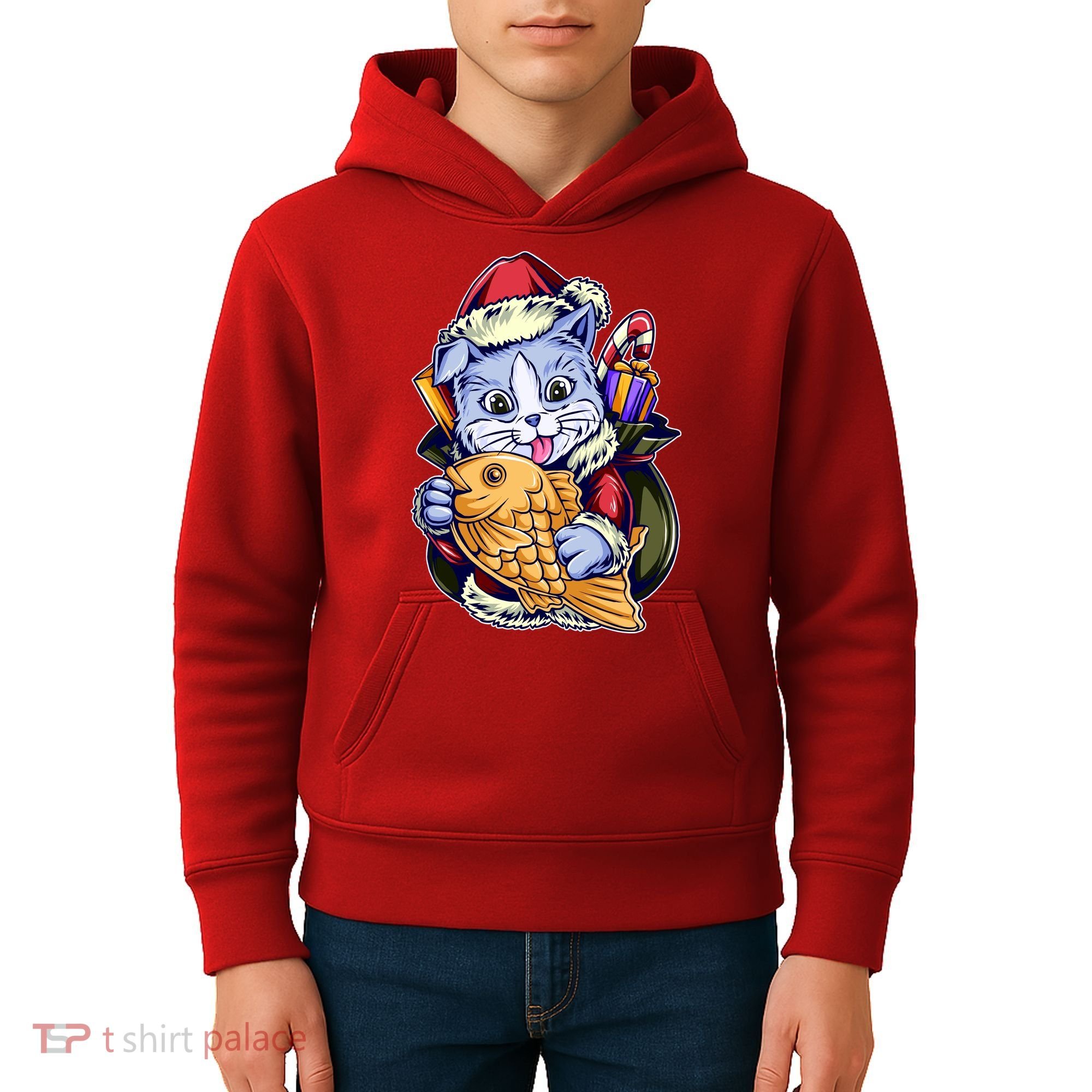 Santa Claus Christmas Cat Bringing Goldfish Kids Hoodie