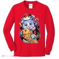 Santa Claus Christmas Cat Bringing Goldfish Kids Long Sleeve Shirt thumb 0