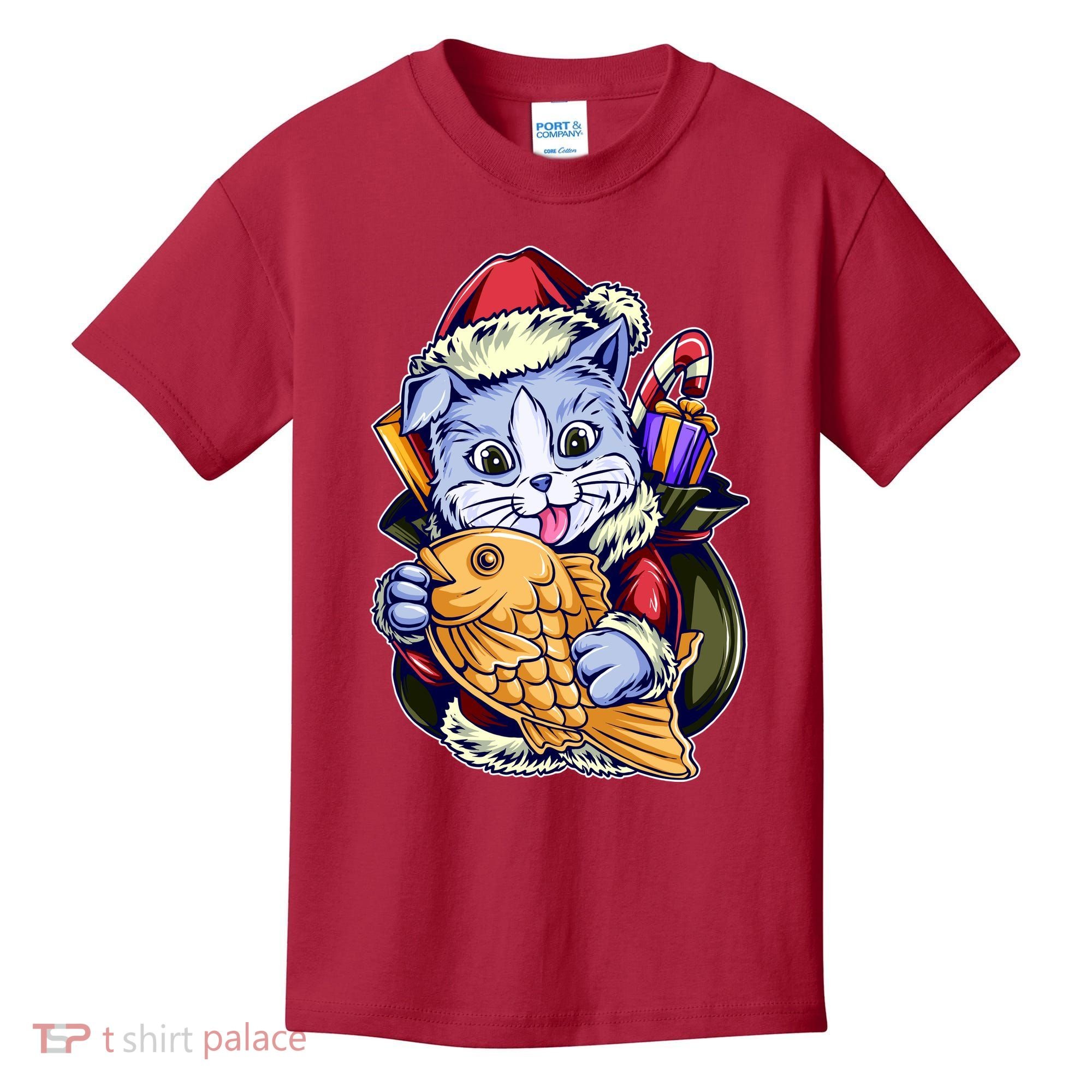 Santa Claus Christmas Cat Bringing Goldfish Kids T-Shirt