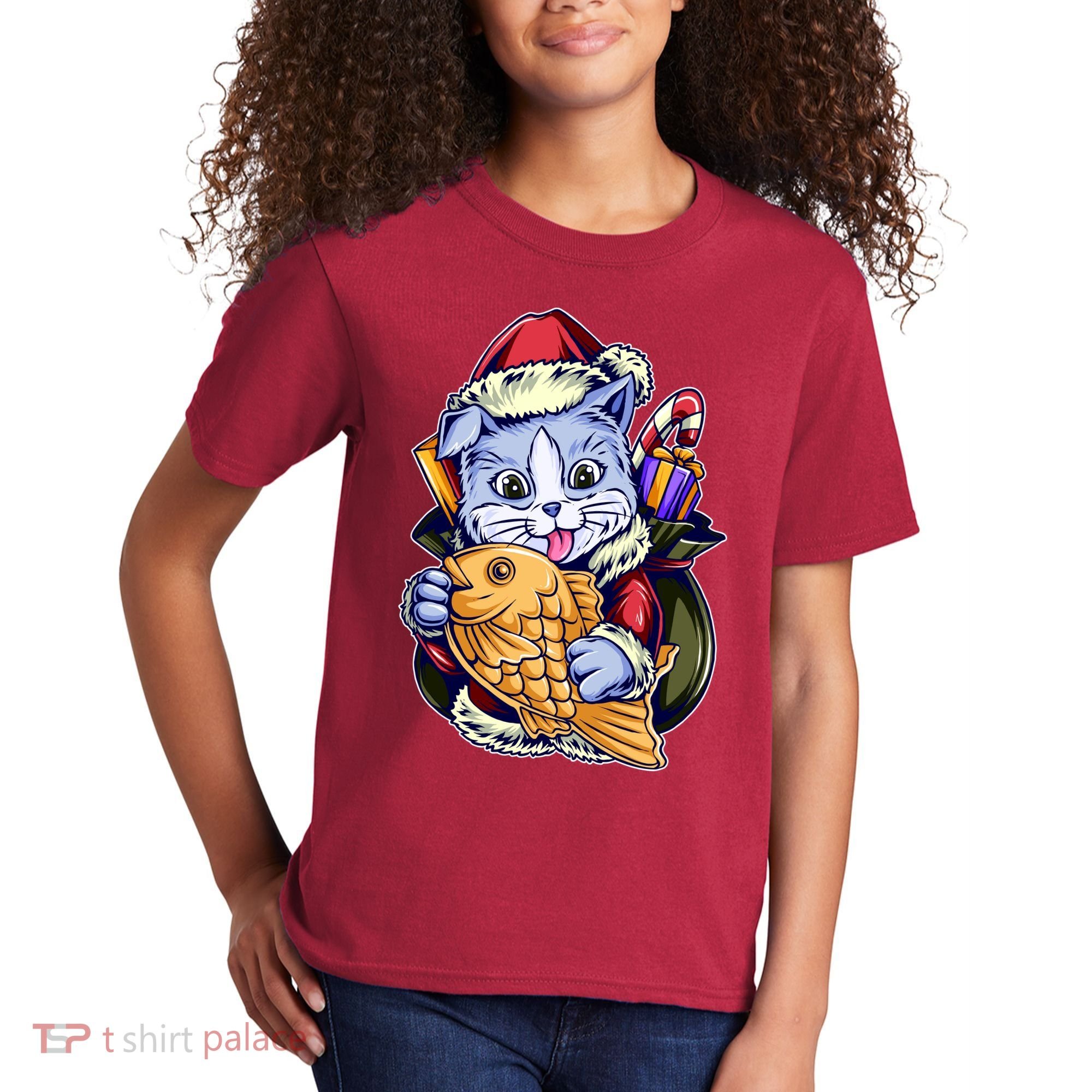 Santa Claus Christmas Cat Bringing Goldfish Kids T-Shirt