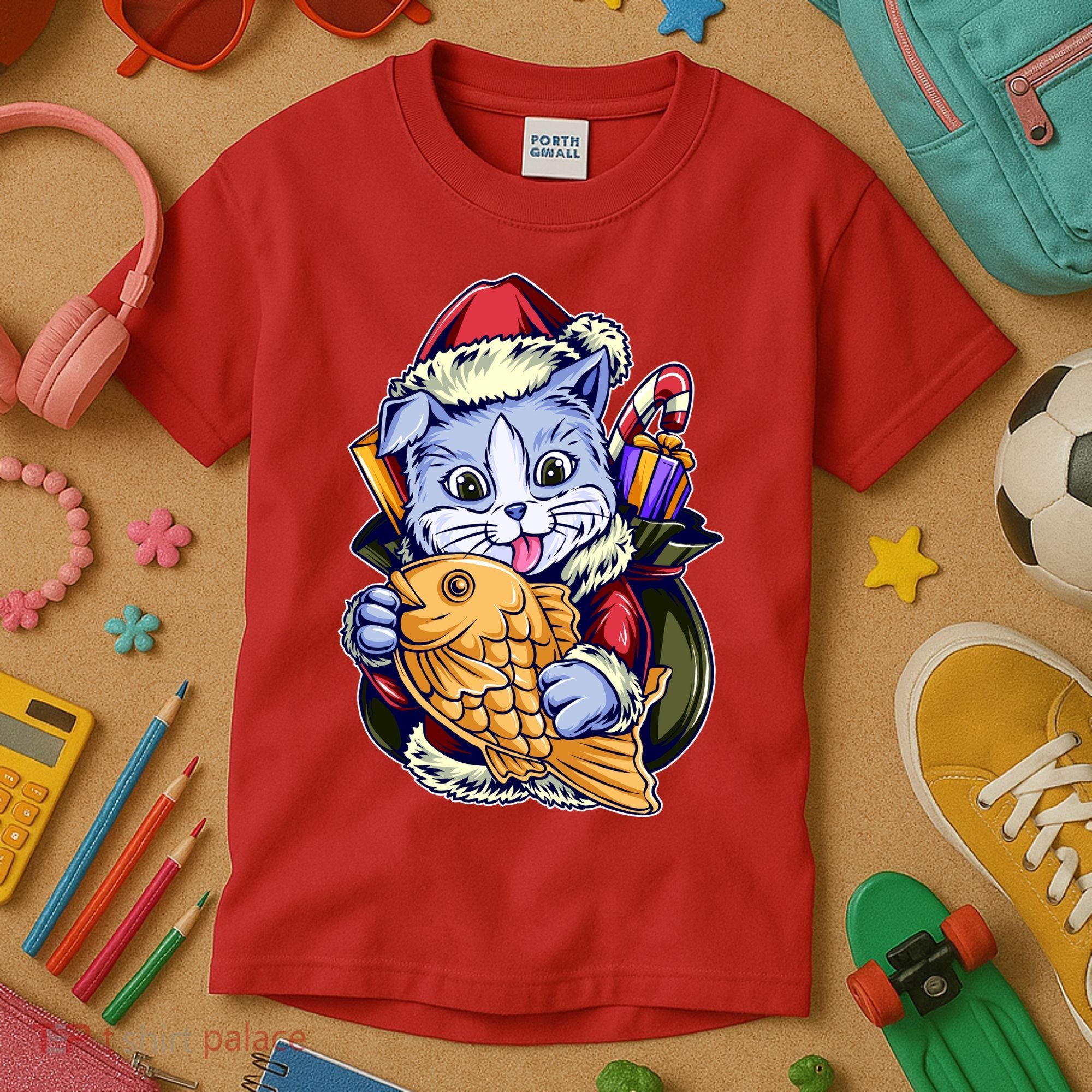 Santa Claus Christmas Cat Bringing Goldfish Kids T-Shirt
